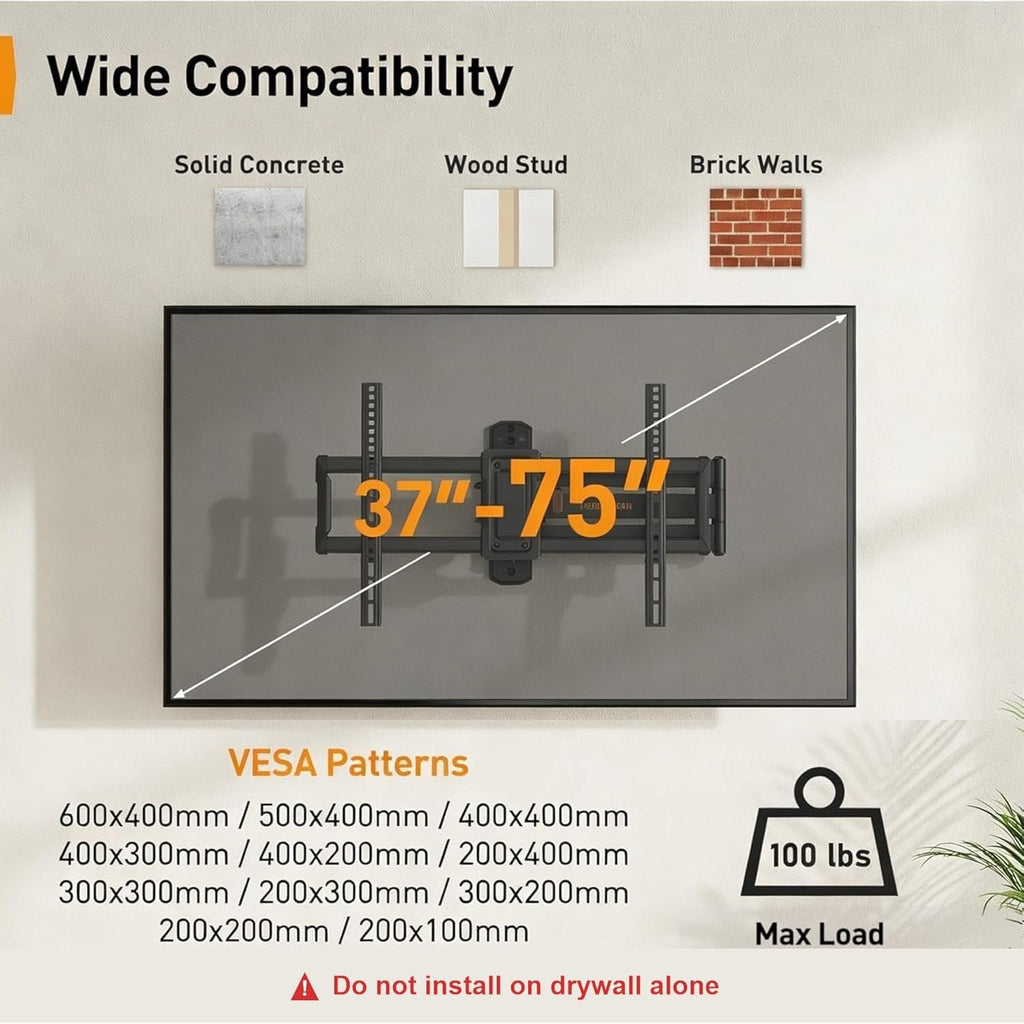 Perlegear Corner Tv Wall Mount Long Arm Tv Mount Bracket For 37-75 Inch Tvs-Full Motion Wall Mount With 32.37” Extension & Swivel Articulating Arm & Tilt, Max Vesa 600X400Mm, Holds Up To 100 Lbs