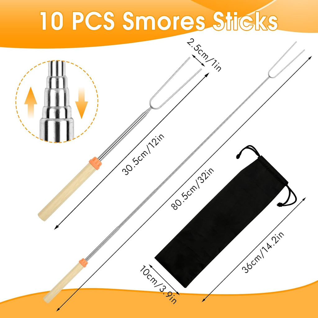 10 Pack Smores Sticks, 32 Inch Marshmallow Roasting Sticks For Fire Pit, Extendable Roasting Skewers With Bag, Hot Dog Fork, Smores Kit For Campfire Camping Essentials