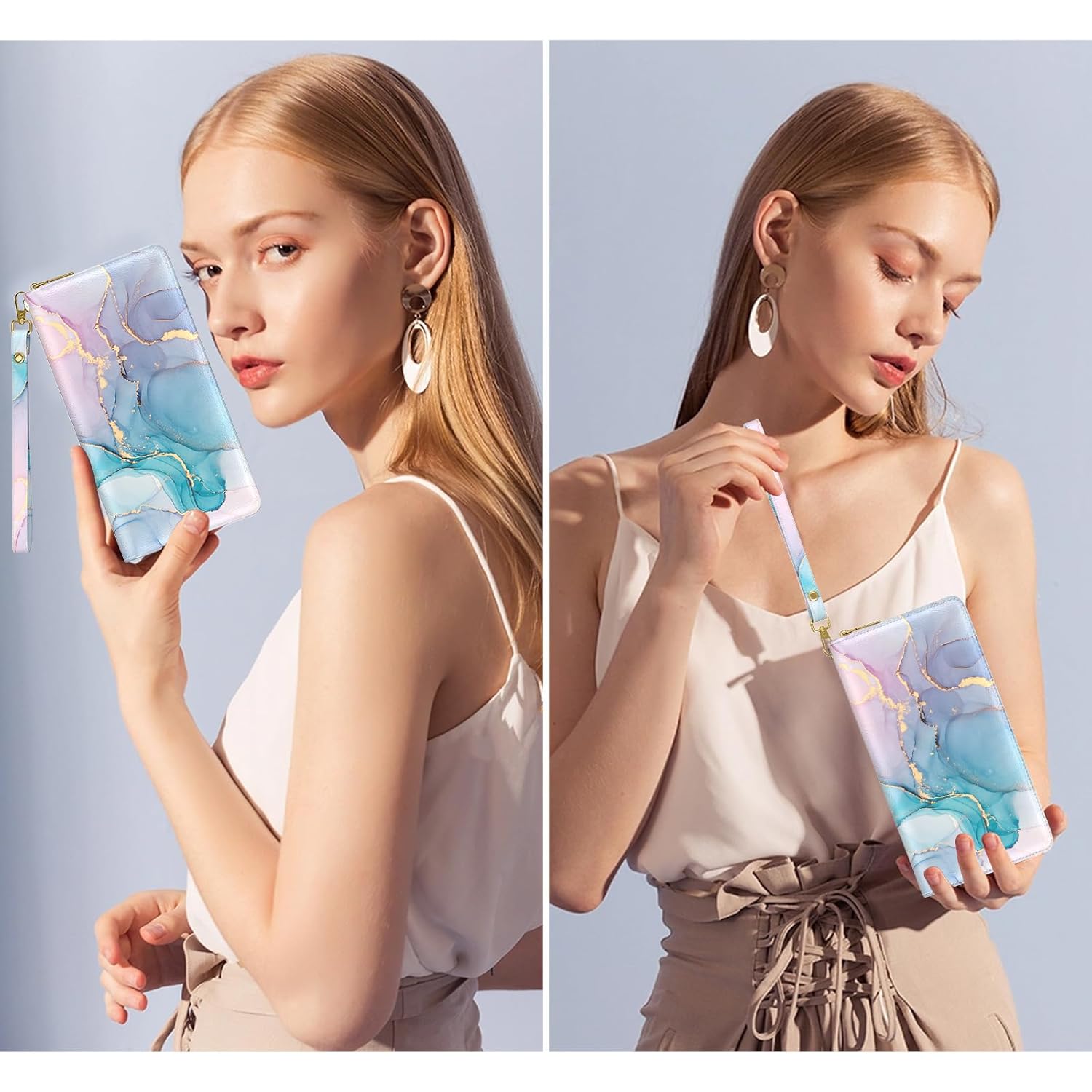 Nipichsha Womens Wallet, RFID Wristlet Wallet for Women, Cute Ladies Purse, Large Credit Card Clutch Purse, Leather Card Holder Wallets with Zipper & Phone Holder, Colorful Ink Marble