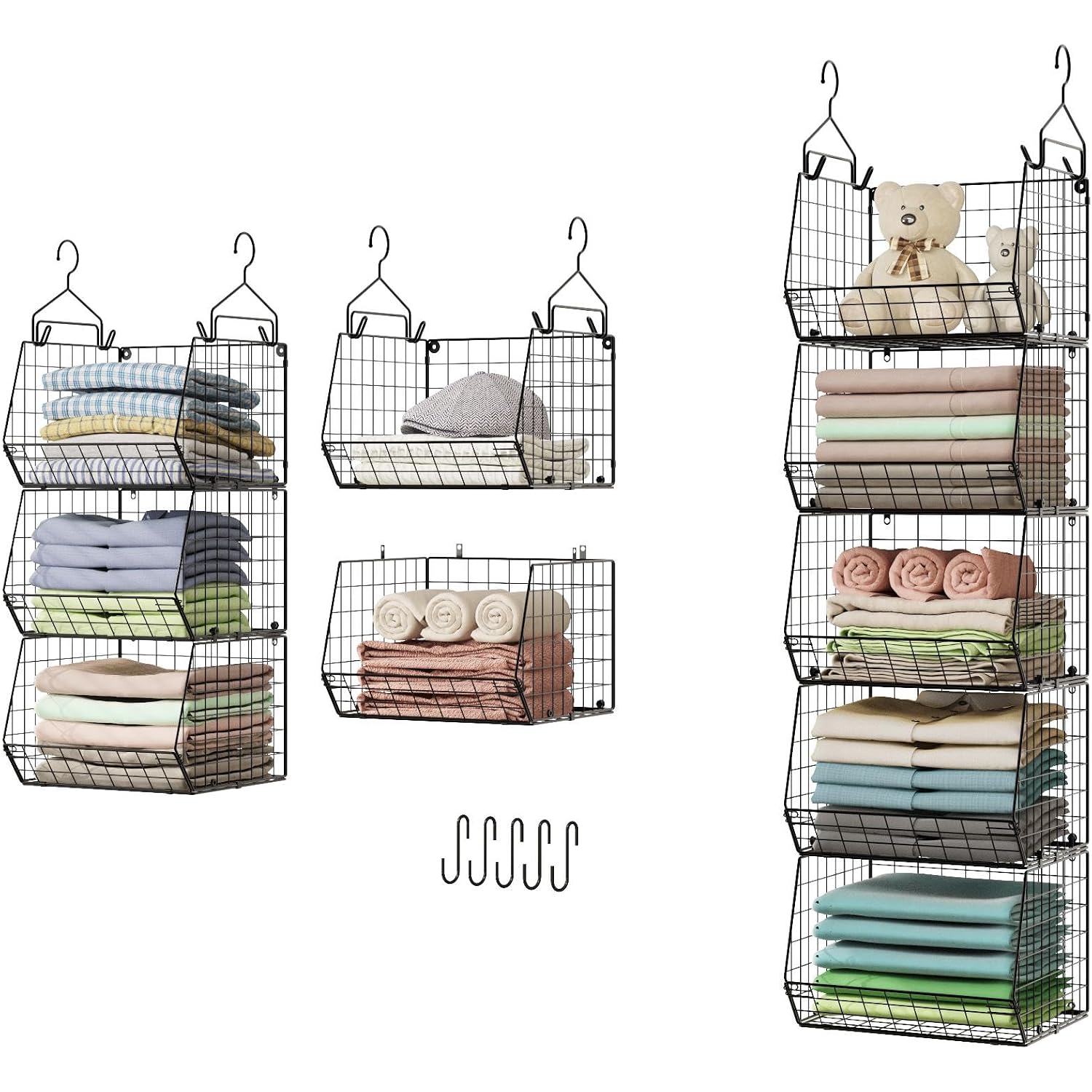 X-Cosrack 5 Tier Closet Hanging Organizer, Clothes Hanging Shelves With 4 Hanging Hooks 5 S Hooks, Wire Storage Basket Bins, For Clothing Sweaters Shoes Handbags Clutches Accessories Patent Design