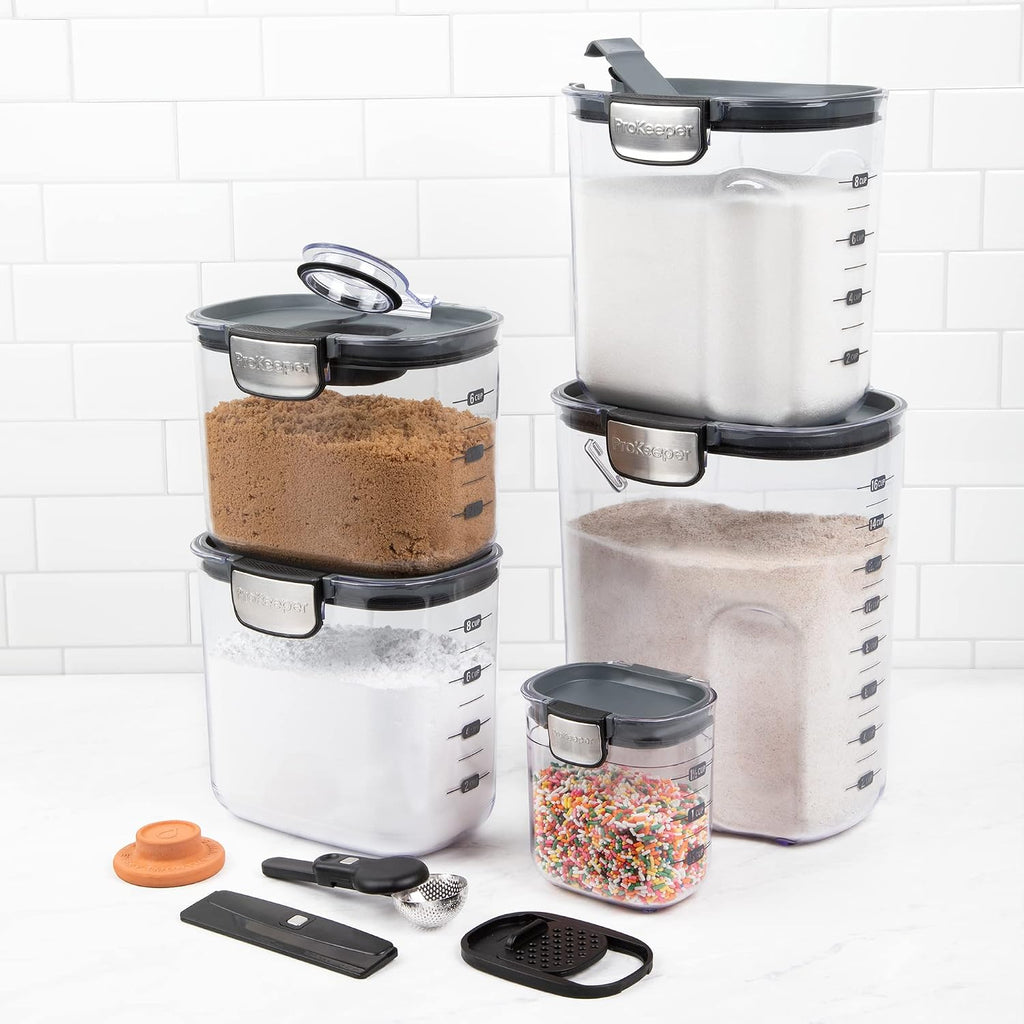 Prokeeper+ Airtight Food Storage Container Set – Clear Plastic Flour And Sugar Canister Set With Magnetic Accessories For Kitchen Organization (Grey, 9-Piece)
