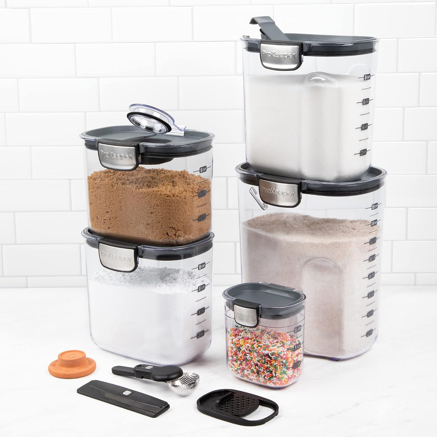 Prokeeper+ Airtight Food Storage Container Set – Clear Plastic Flour And Sugar Canister Set With Magnetic Accessories For Kitchen Organization (Grey, 9-Piece)