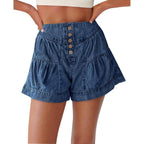 Womens Summer Flowy Jean Shorts Button Up High Waisted Wide Leg Denim Skort with Pockets