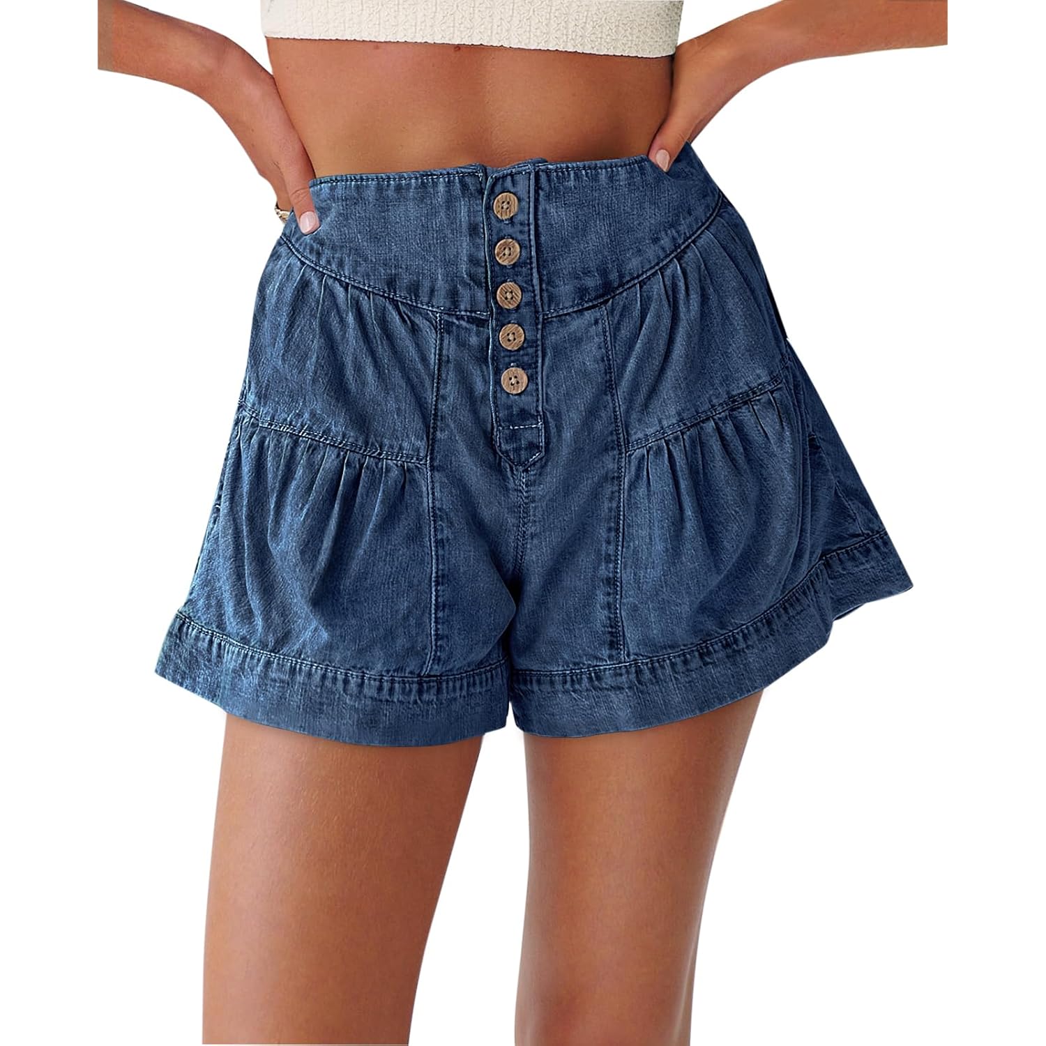 Womens Summer Flowy Jean Shorts Button Up High Waisted Wide Leg Denim Skort with Pockets
