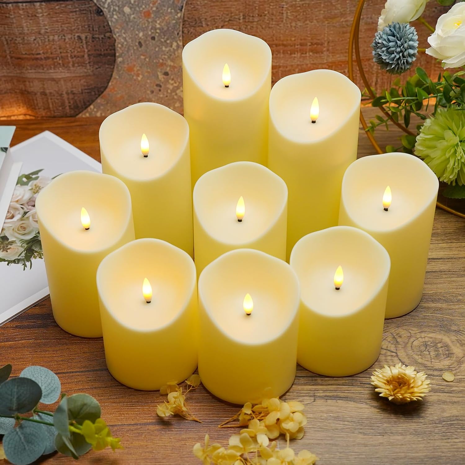 Flameless Candles With Remote, Battery Operated Flickering Flameless Candles, Led Candles With Timer 2/4/6/8H, With Realistic Led Candles Set Of 9 (D3 X H 3" 4" 5" 6" 7") (Ivory)