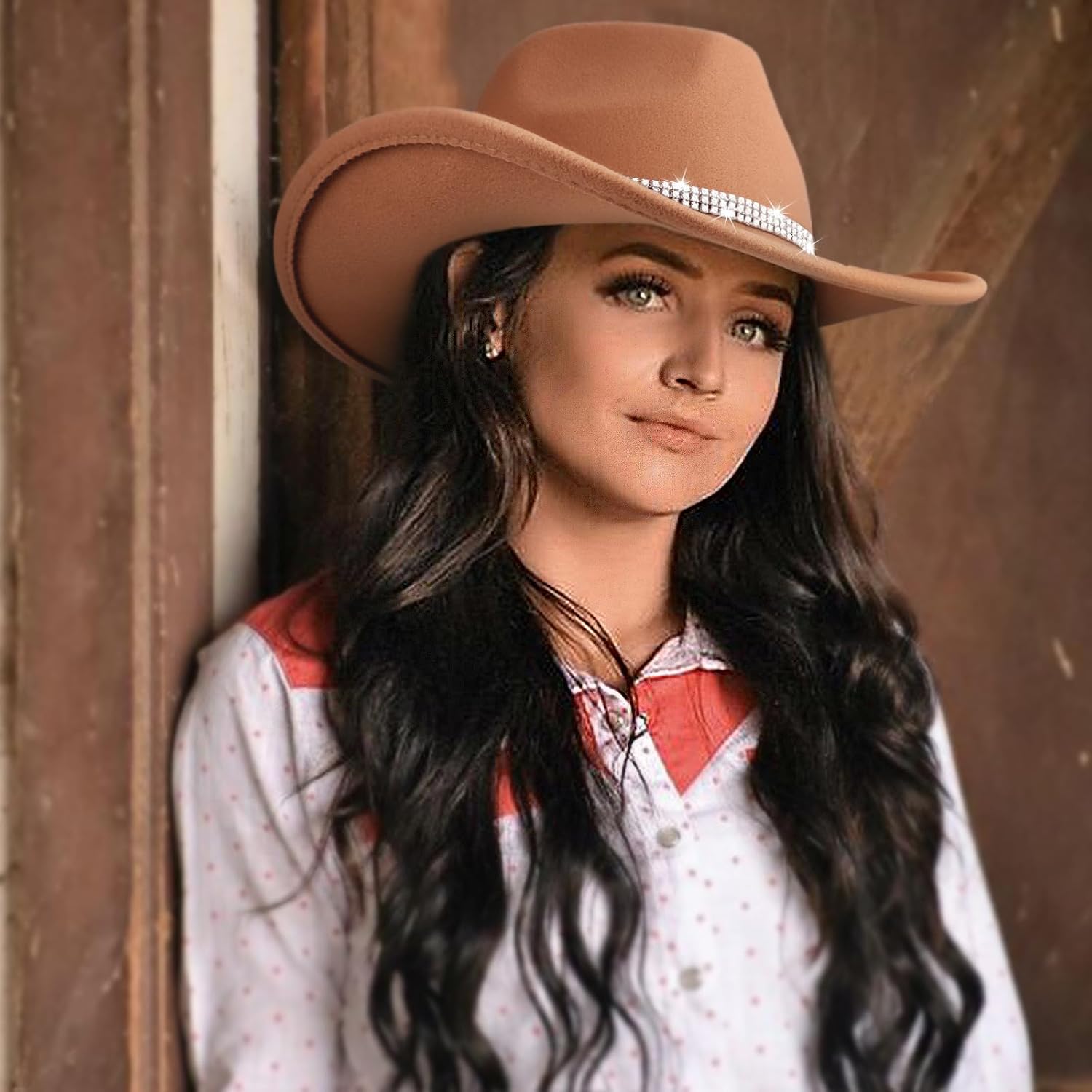 Western Cowboy Hats for Women Classic Felt Wide Brim Fedora Hat with Belt Buckle Retro Panama Hat Unisex Rolled up Cap 1 Pack : Khaki With 3 Rhinestones Bands