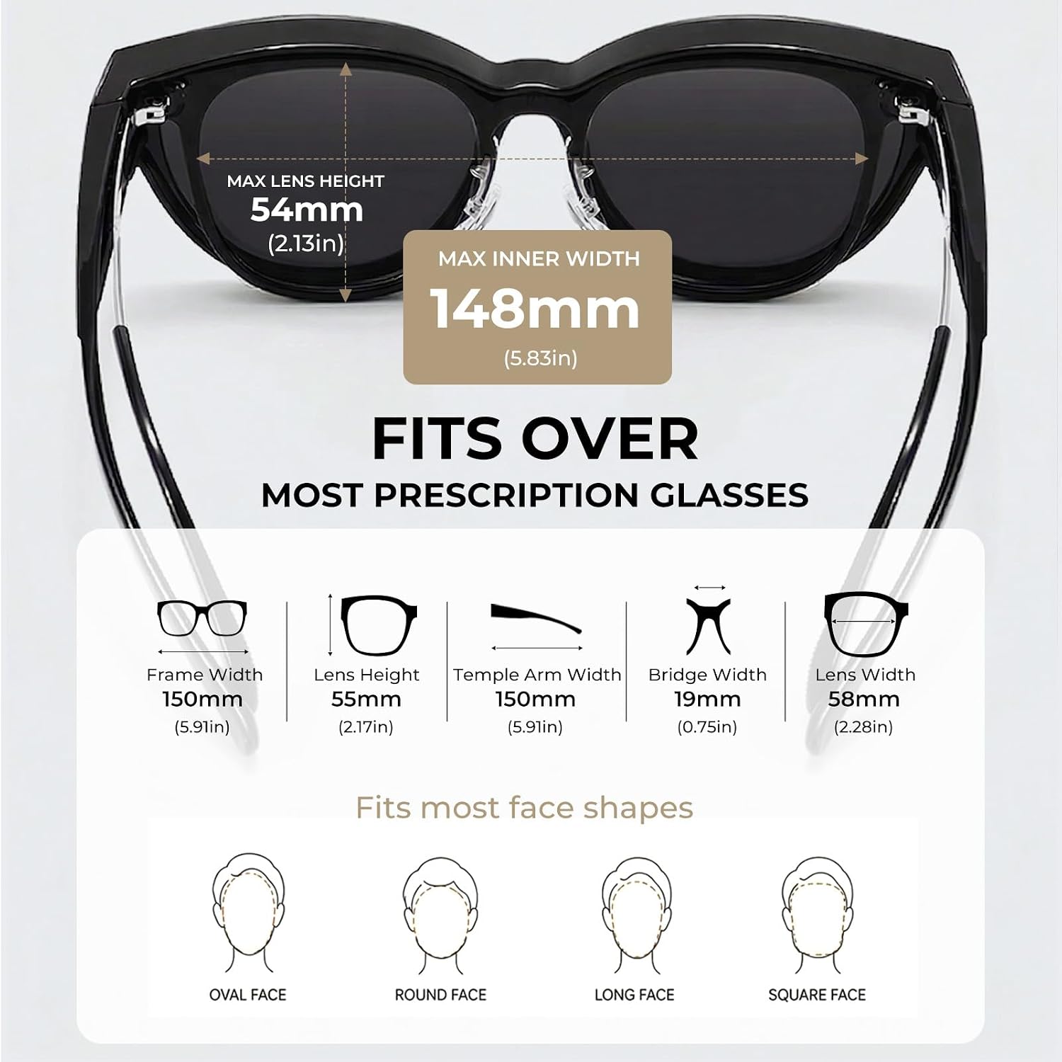 LOHO Sunglasses That Fit Over Glasses, Over Glasses Sunglasses for Women Men, Polarized UV400 Driving Shades Cat Eye Black