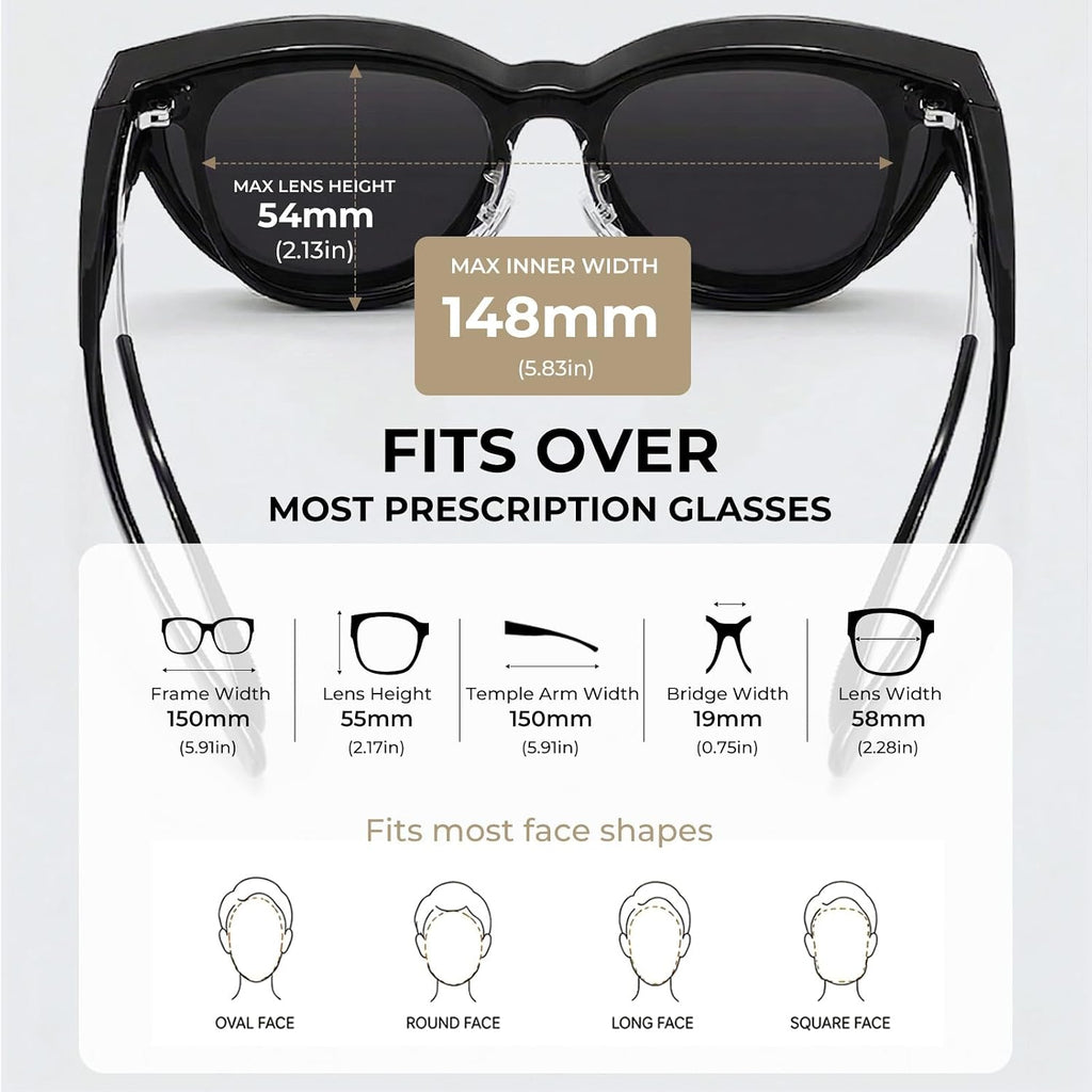 LOHO Sunglasses That Fit Over Glasses, Over Glasses Sunglasses for Women Men, Polarized UV400 Driving Shades Cat Eye Black