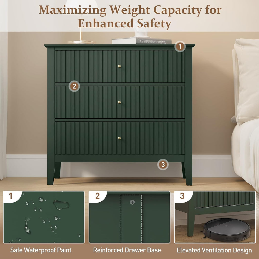 Royalcraft Fluted 3 Drawer Dresser, 32 Inch Wide Dresser Nightstand For Bedroom, Modern Wood Chest Of Drawers, Large Painted Nightstand With 3 Drawers For Closet, Hallway, Entryway, Dark Green