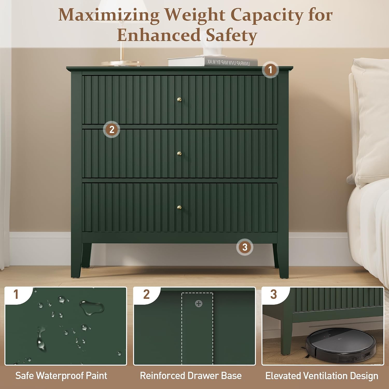 Royalcraft Fluted 3 Drawer Dresser, 32 Inch Wide Dresser Nightstand For Bedroom, Modern Wood Chest Of Drawers, Large Painted Nightstand With 3 Drawers For Closet, Hallway, Entryway, Dark Green