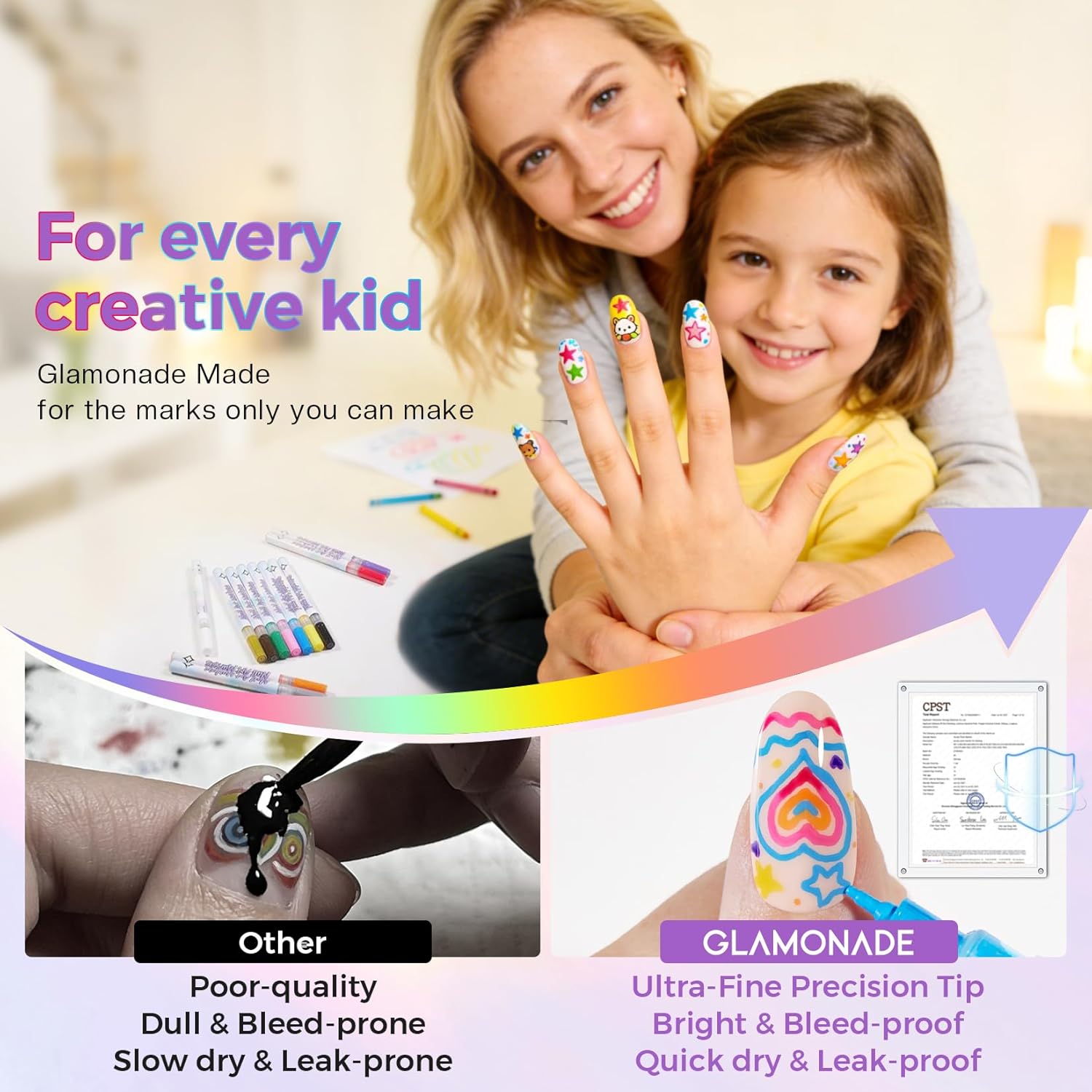 Glamonade Nail Art Markers for Kids: 0.5MM Fine Tip Vibrant Nail Polish Pens Non Toxic Set for Painting Decorate Nails Graffiti Pens DIY Salon Design & Quick Dry Hours of Fun Girls Safe Manicure Gift