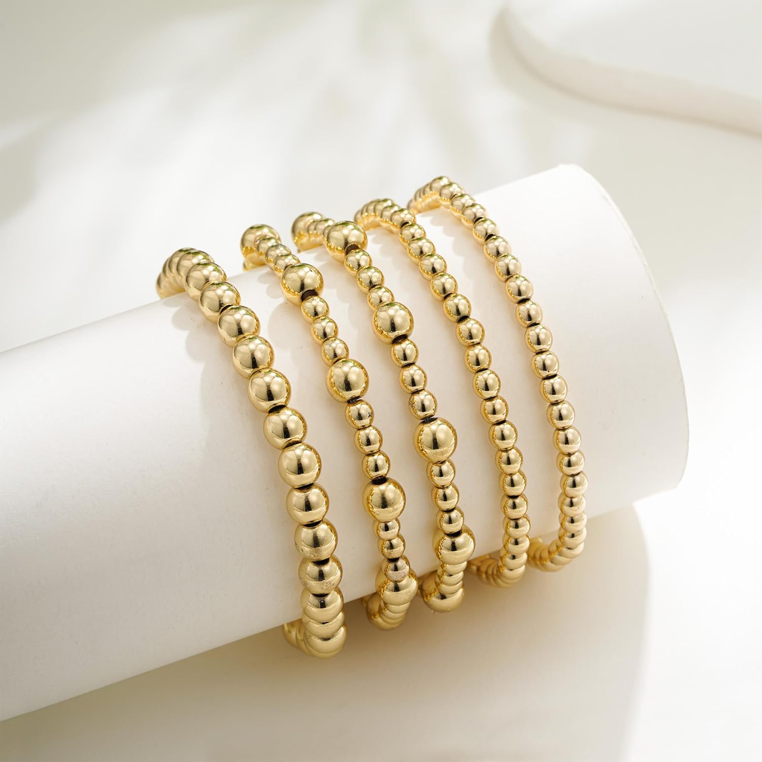 Eaciy Gold Bracelets for Women, 14K Gold Plated Beaded Bracelets Gold Strand Bead Ball Bracelet Stack Set Adjustable Bracelet Set Waterproof Jewelry for Women Gifts Non Tarnish
