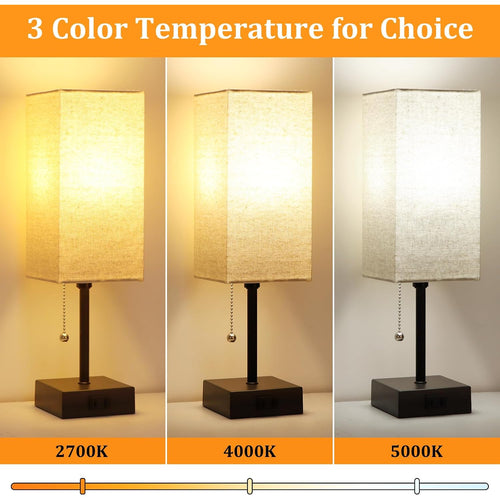 15'' Bedside Table Lamp For Bedroom Small Night Light Lamps For Night Stand | Pull Chain Table Lamps For Night Stands With Ac Outlet，Desk Lamp With 2 Bulbs Lamp For Living Room Kids Room Office Decor