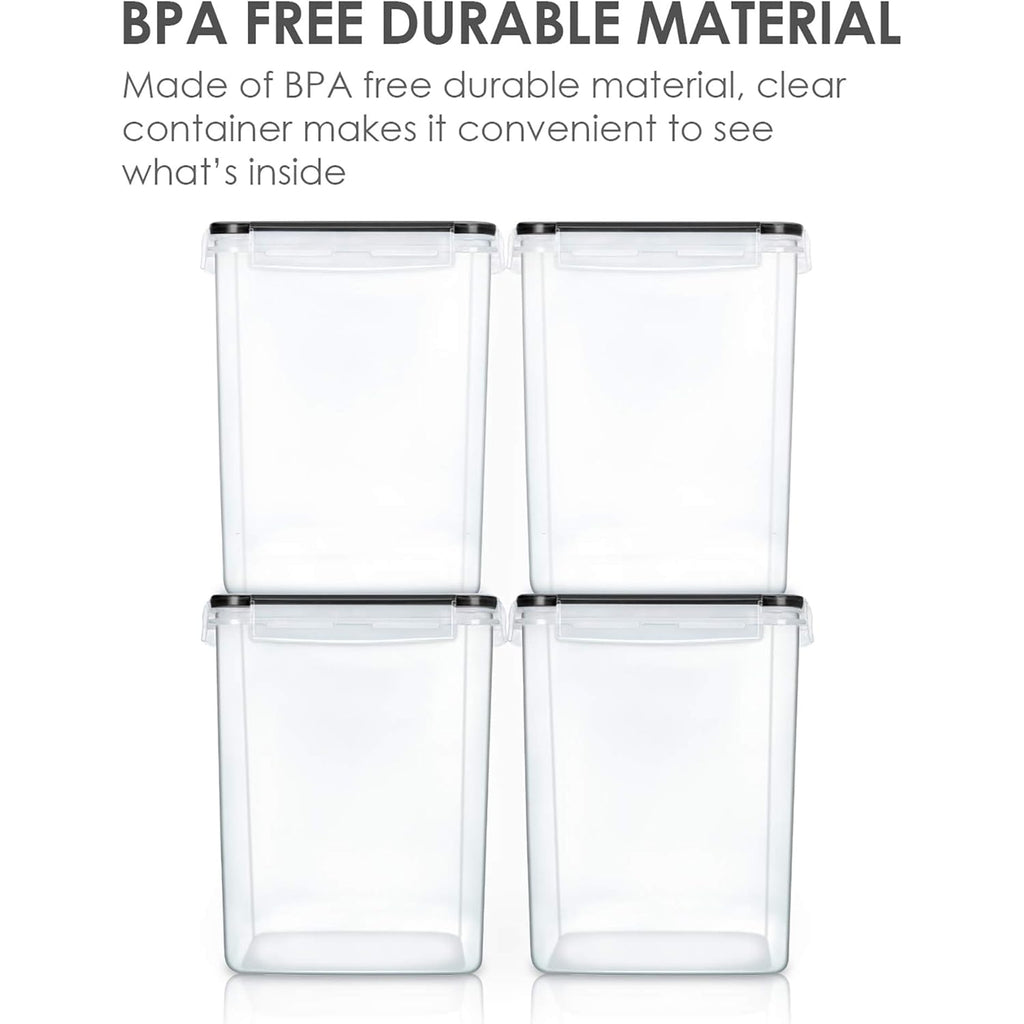 Vtopmart 4 PCS Large Food Storage Containers 5.2L / 175oz, 4 Pieces BPA Free Plastic Airtight Canisters for Flour, Sugar, Baking Supplies, Rice with Lids, 4 Measuring Cups and 24 Labels, Black