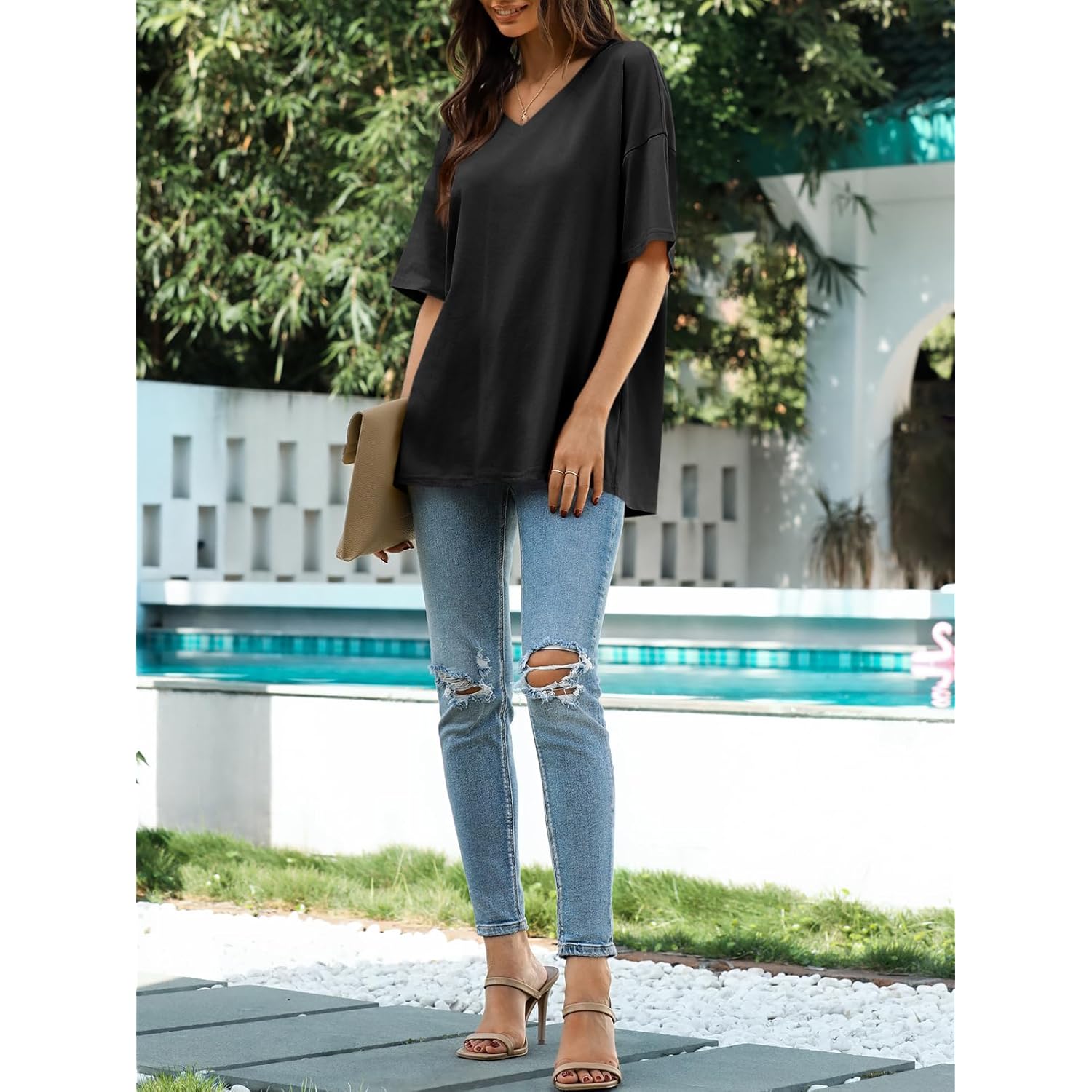 Womens Oversized Tshirts V Neck Tee Shirts Half Sleeve Loose Fit T Shirt Cotton Tunic Tops 2025