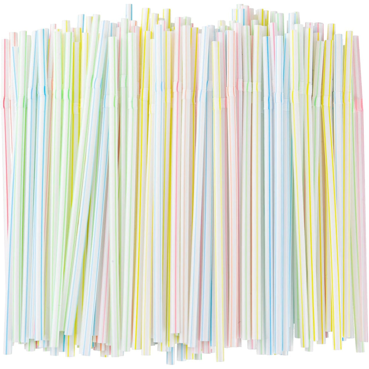 [200 Pack] 8.5" High Flexible Plastic Straws,Bendable Disposable Drinking Straws -Striped Assorted Colors For Home Use Milk Juice Drinks