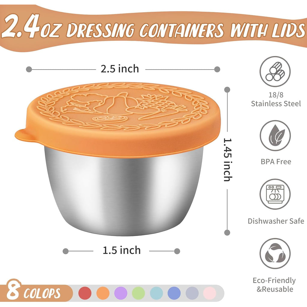 8 Pack - 2.4 Oz Small Salad Dressing Containers To Go, Leakproof Condiment Containers With Lids Reusable Stainless Steel Sauce Cups For Lunch Boxes Kitchen Storage Picnics Travel Meal Prep