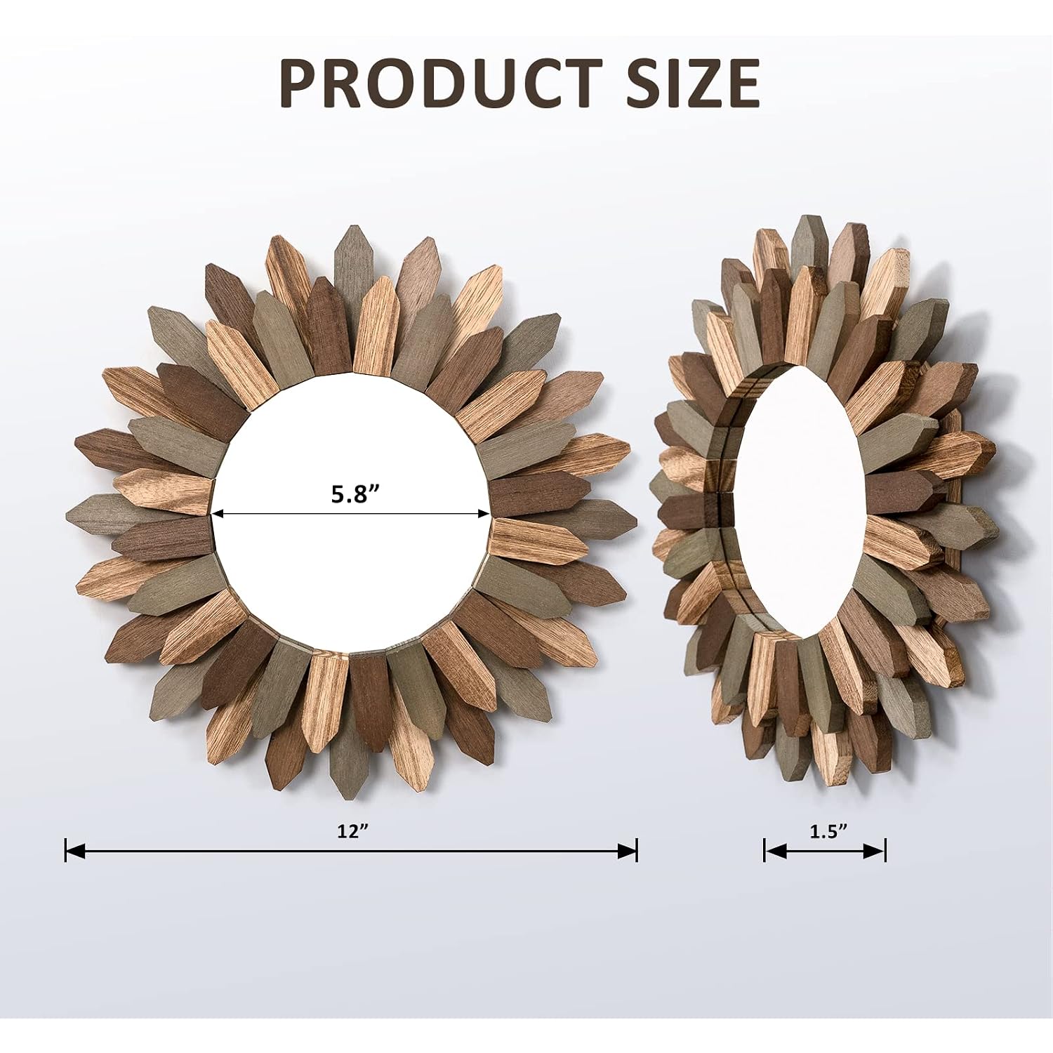Boho Wall Decor 12 Inch Decorative Mirror With Rustic Wood Sunburst Frame, Perfect For Bedroom, Living Room, Bathroom, Kitchen