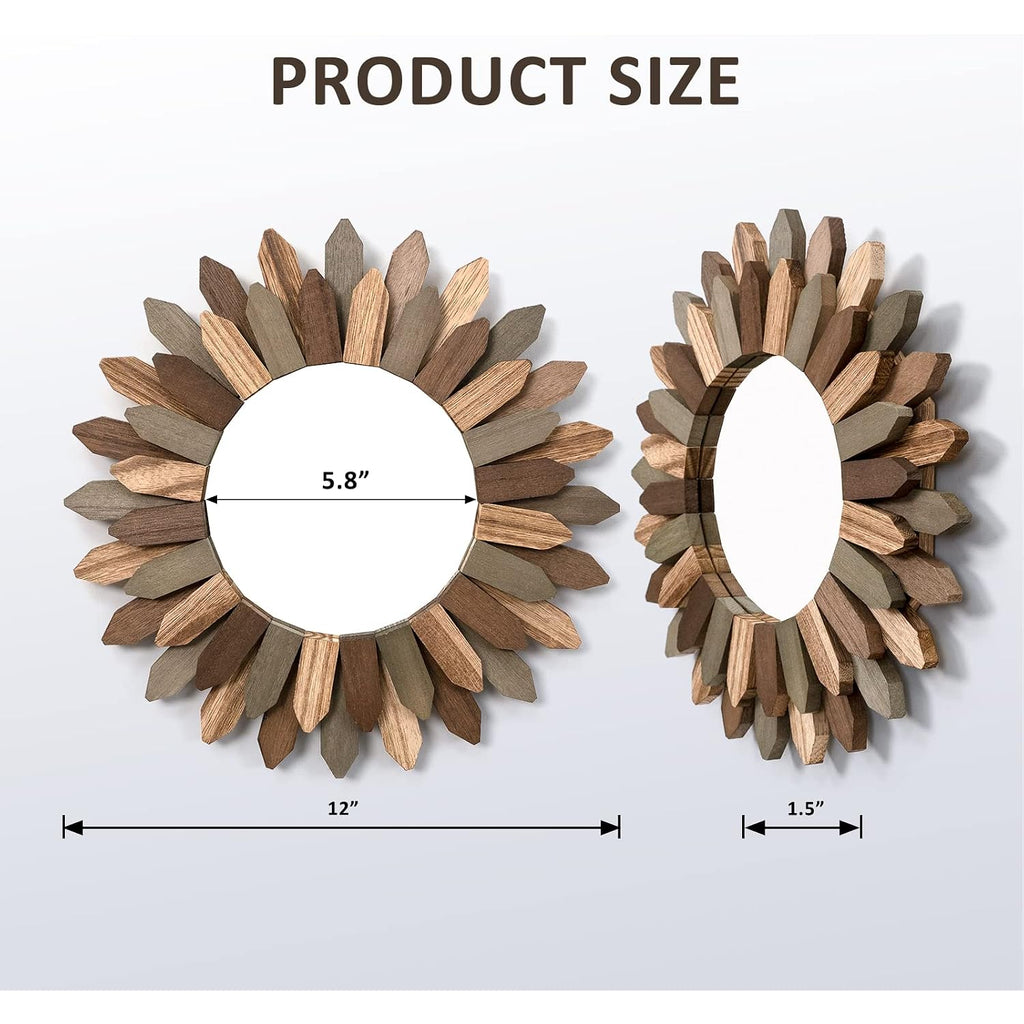Boho Wall Decor 12 Inch Decorative Mirror With Rustic Wood Sunburst Frame, Perfect For Bedroom, Living Room, Bathroom, Kitchen