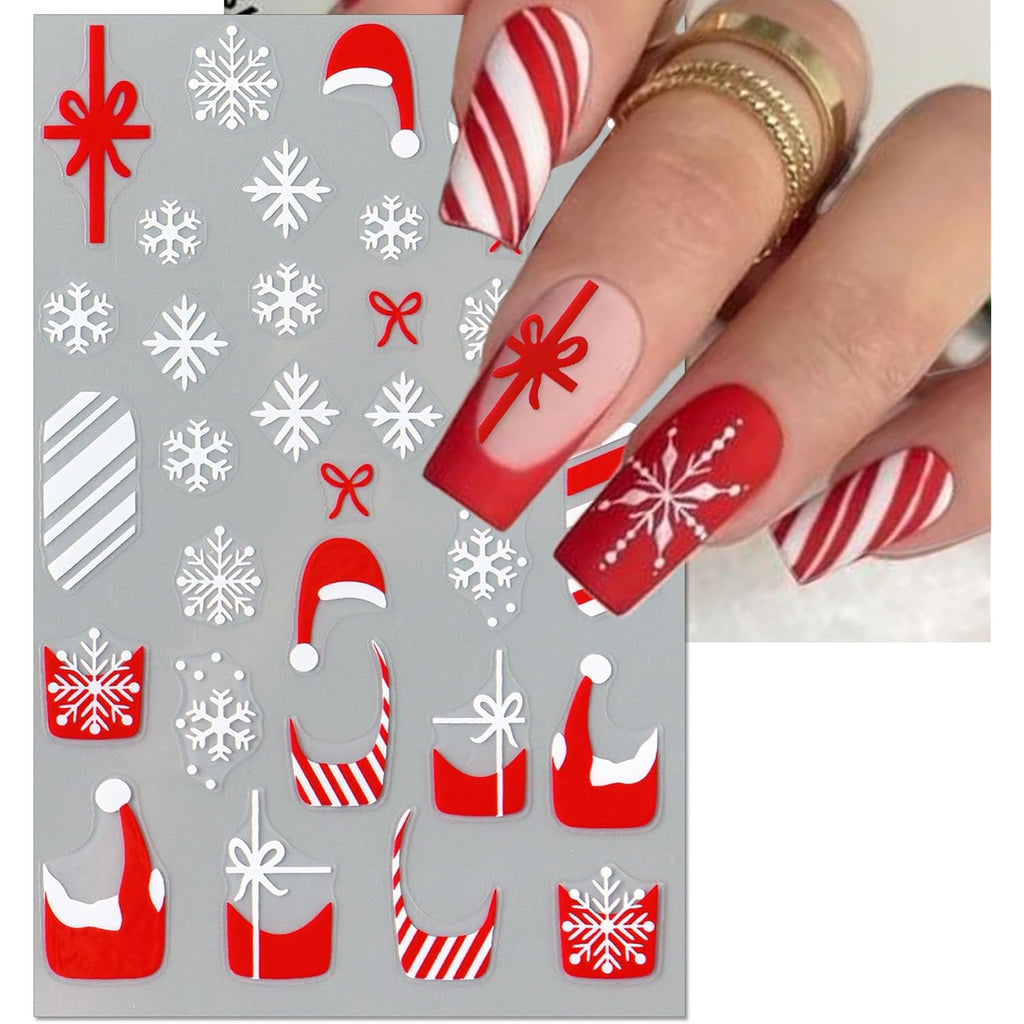 IDDFEVE Christmas Gift Bow Nail Art Stickers, Santa Hat Elk Snowflake Design, 3D Self-Adhesive Glitter French Nail Tip Winter Holiday Nail Decals for Women (5 Sheets)