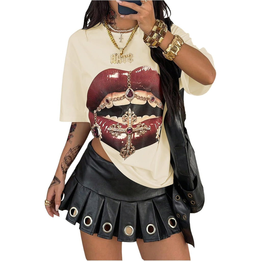 Verdusa Women's Y2k Lips Print Graphic T Shirts Rave Hip Hop Tees Streetwear Going Out Tops Apricot