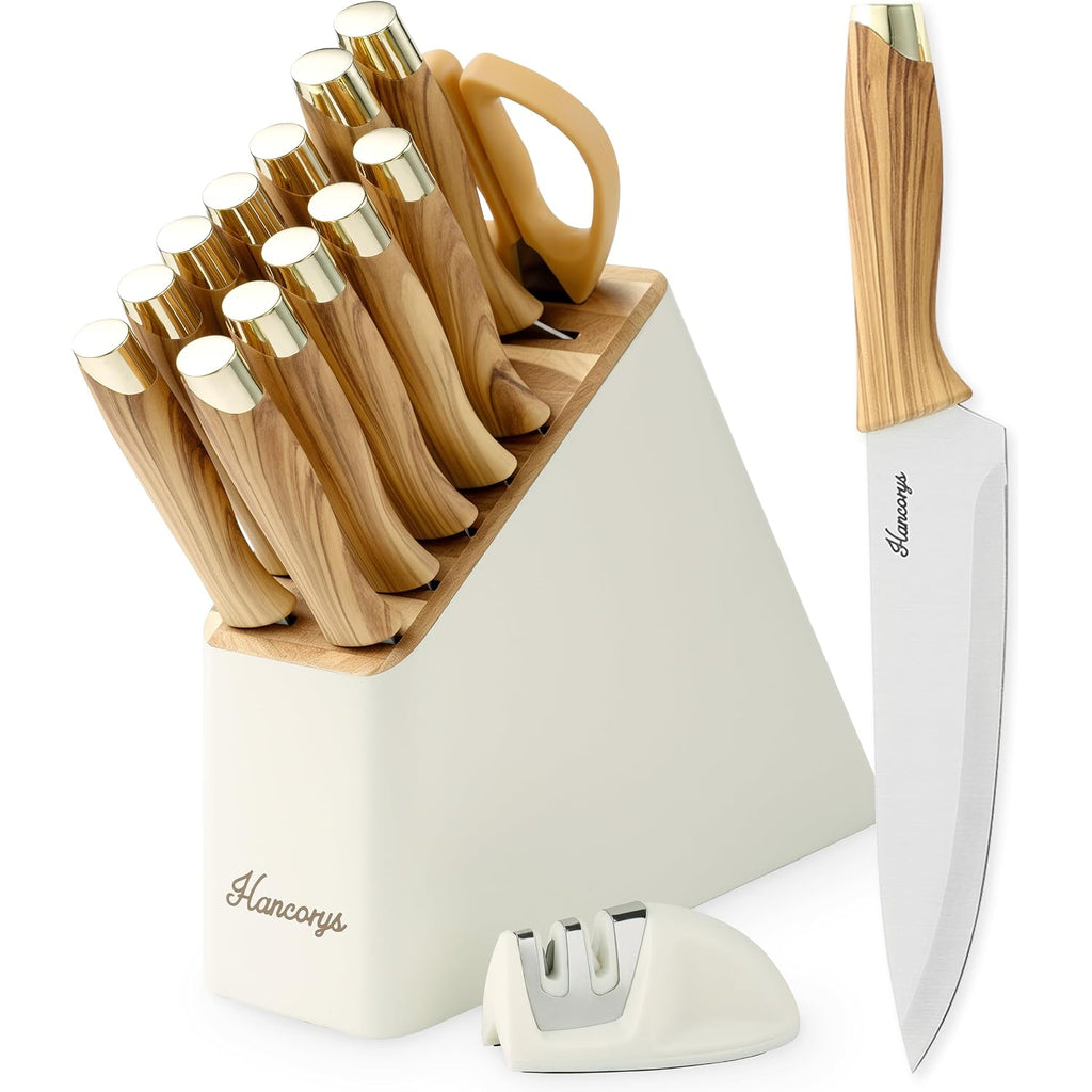 Knife Block Set, Hancorys Kitchen Knife Set With Sharpener, German Stainless Steel Gold Knives Set With Block And Ergonomic Wood Grain Handle, Ultra Sharp Cooking Knives