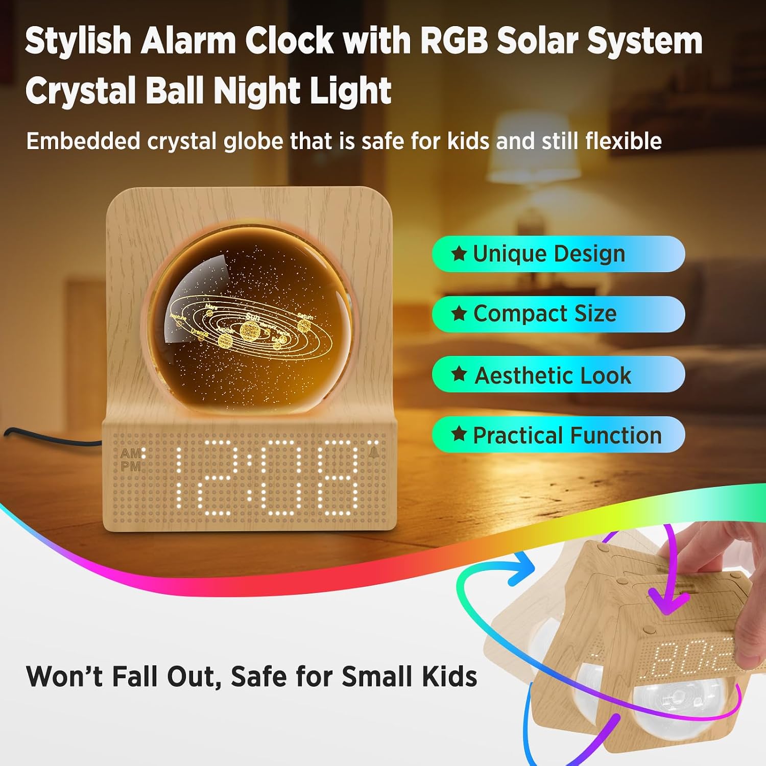 Dreamsky Space Alarm Clock For Kids Teens With Rgb Night Light For Bedroom | Small Digital Clock With Colorful Crystal Ball Decor For Living Room Office, Dimmer, Gifts For Boys Girls Women (Wood Grain)
