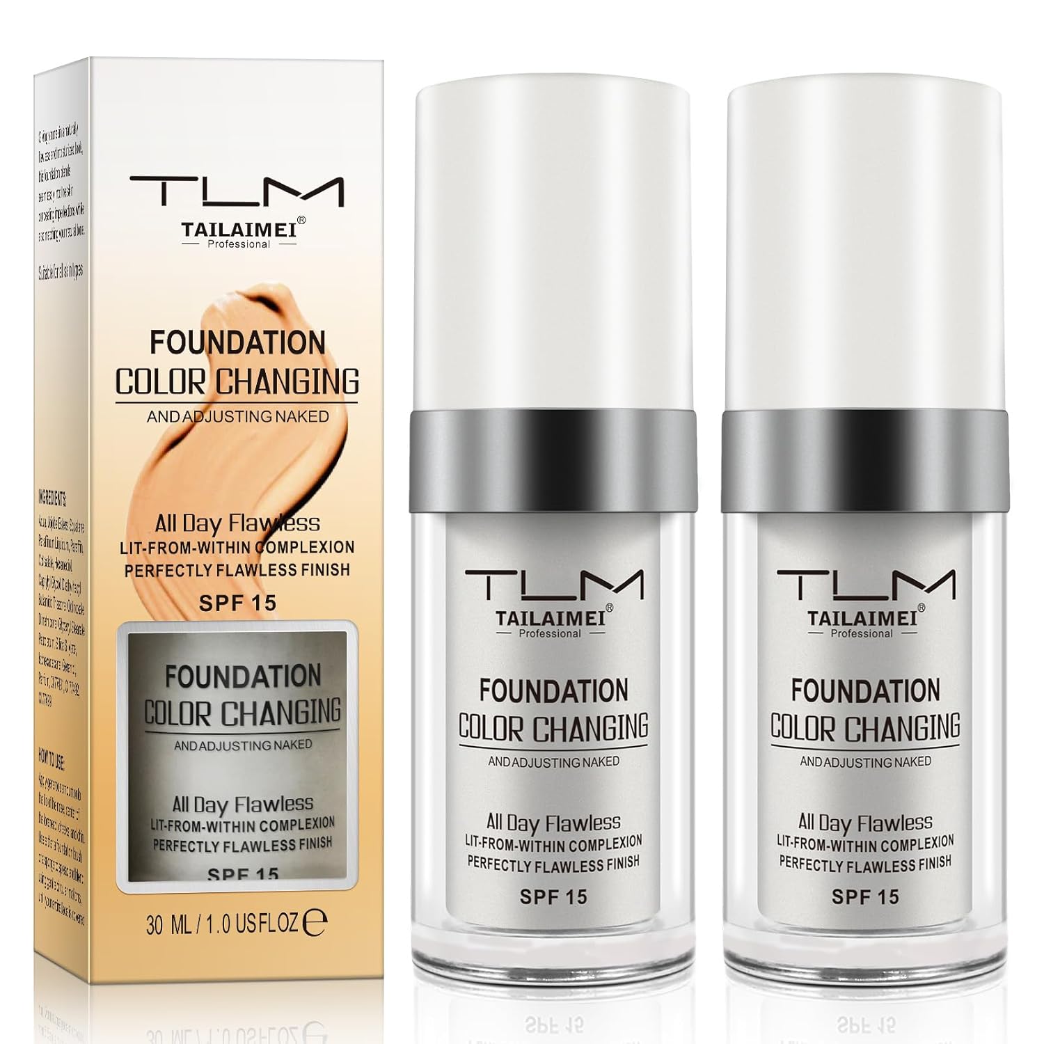 2PCS Flawless Colour Changing Warm Skin Tone Foundation, Naturally Blends Moisturizing foundation makeup, Long Lasting Waterproof Lightweight Liquid Foundation SPF 15 for Face Makeup