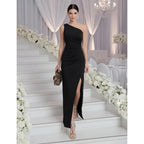 Sarin Mathews Womens One Shoulder Long Formal Dress Sexy Summer Sleeveless Bodycon Ruched Wrap Split Cocktail Dresses