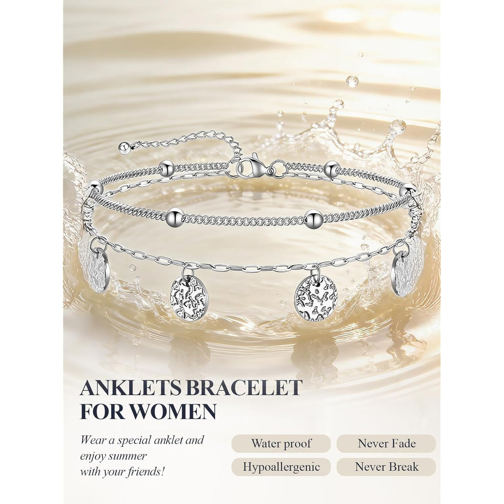 U7 Silver/Gold Ankle Bracelets for Women Layered Chain Anklets Stainless Steel Waterproof Summer Beach Anklet Charm, Adjustable 8.5"-10.5"