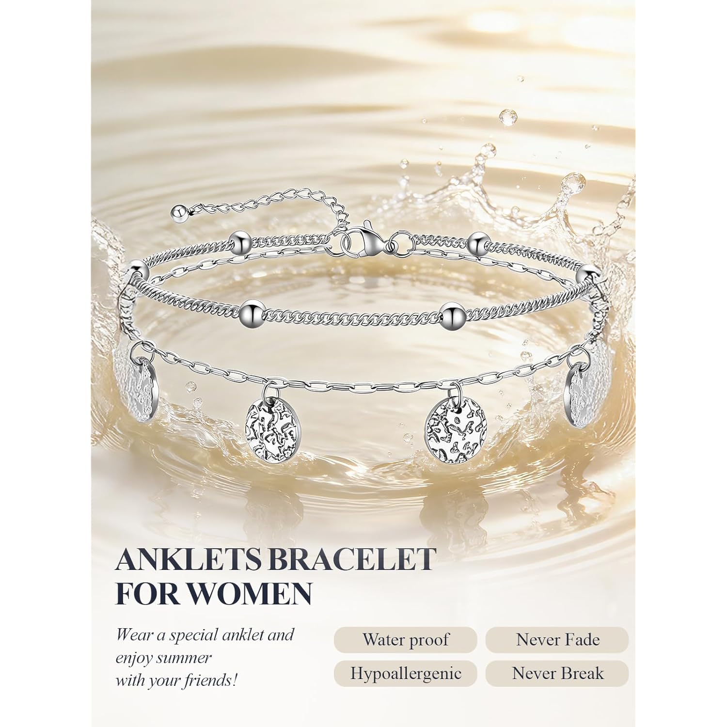 U7 Silver/Gold Ankle Bracelets for Women Layered Chain Anklets Stainless Steel Waterproof Summer Beach Anklet Charm, Adjustable 8.5"-10.5"