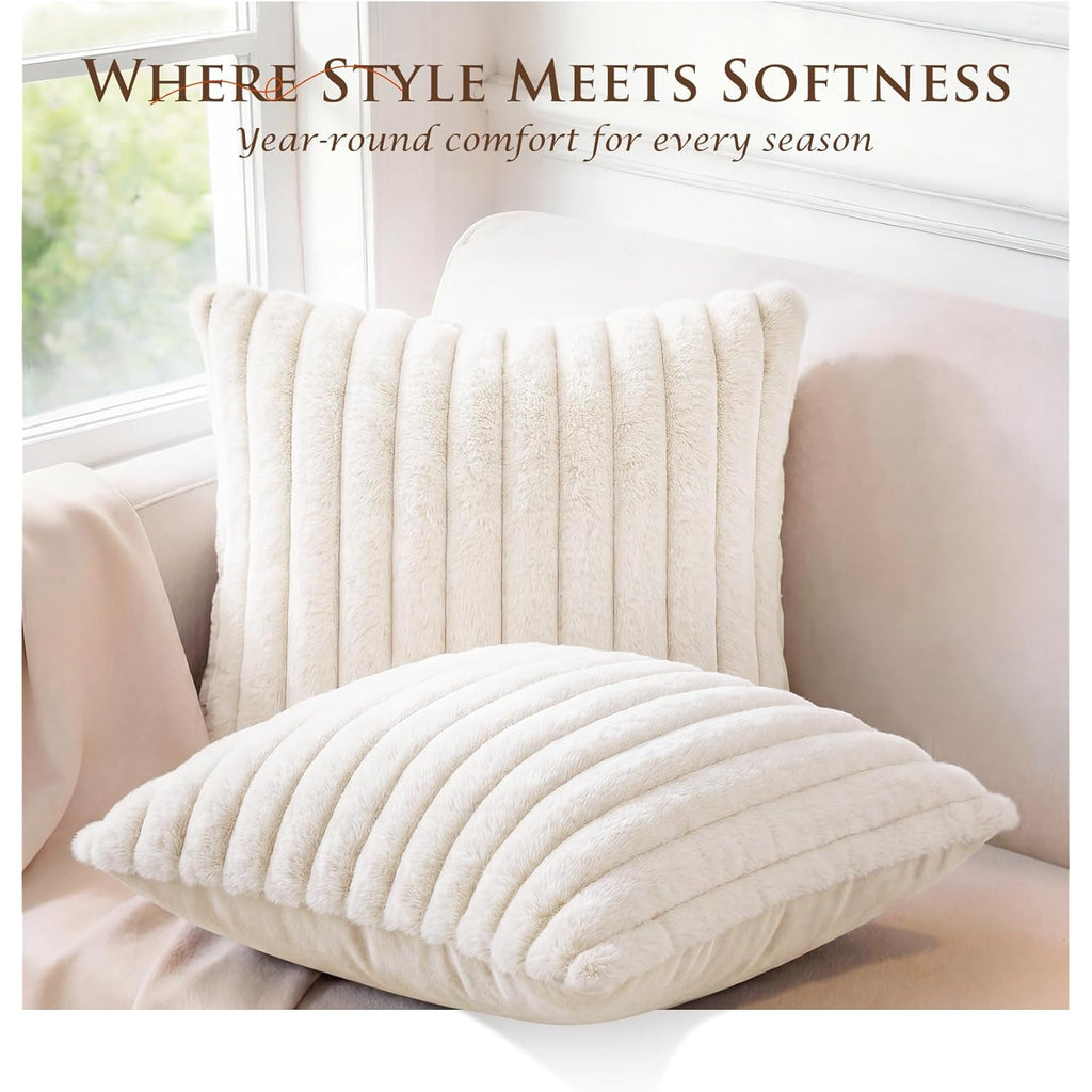 Pack of 2 Throw Pillow Covers 18x18 Decorative Solid Plush Faux Fur with Soft Velvet Back, Square Striped Cushion Cases Modern Farmhouse Home Decor for Living Room Couch Sofa Bed Cream White