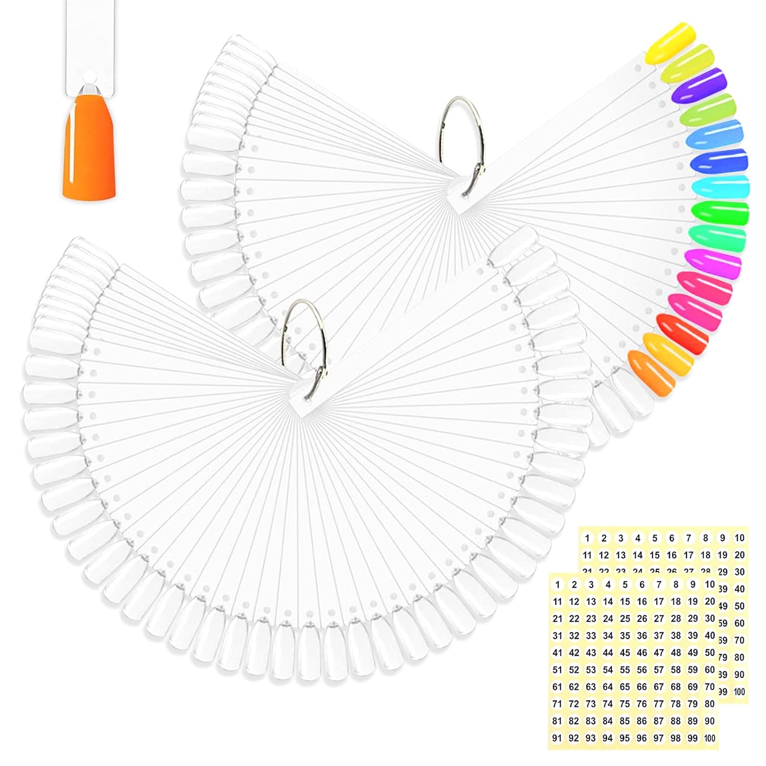 BQAN 100 Pcs Nail Swatch Sticks with Ring, Nails Art Display/Nail Practice Sticks for Home or Salon Use, 2 Pack Number Stickers