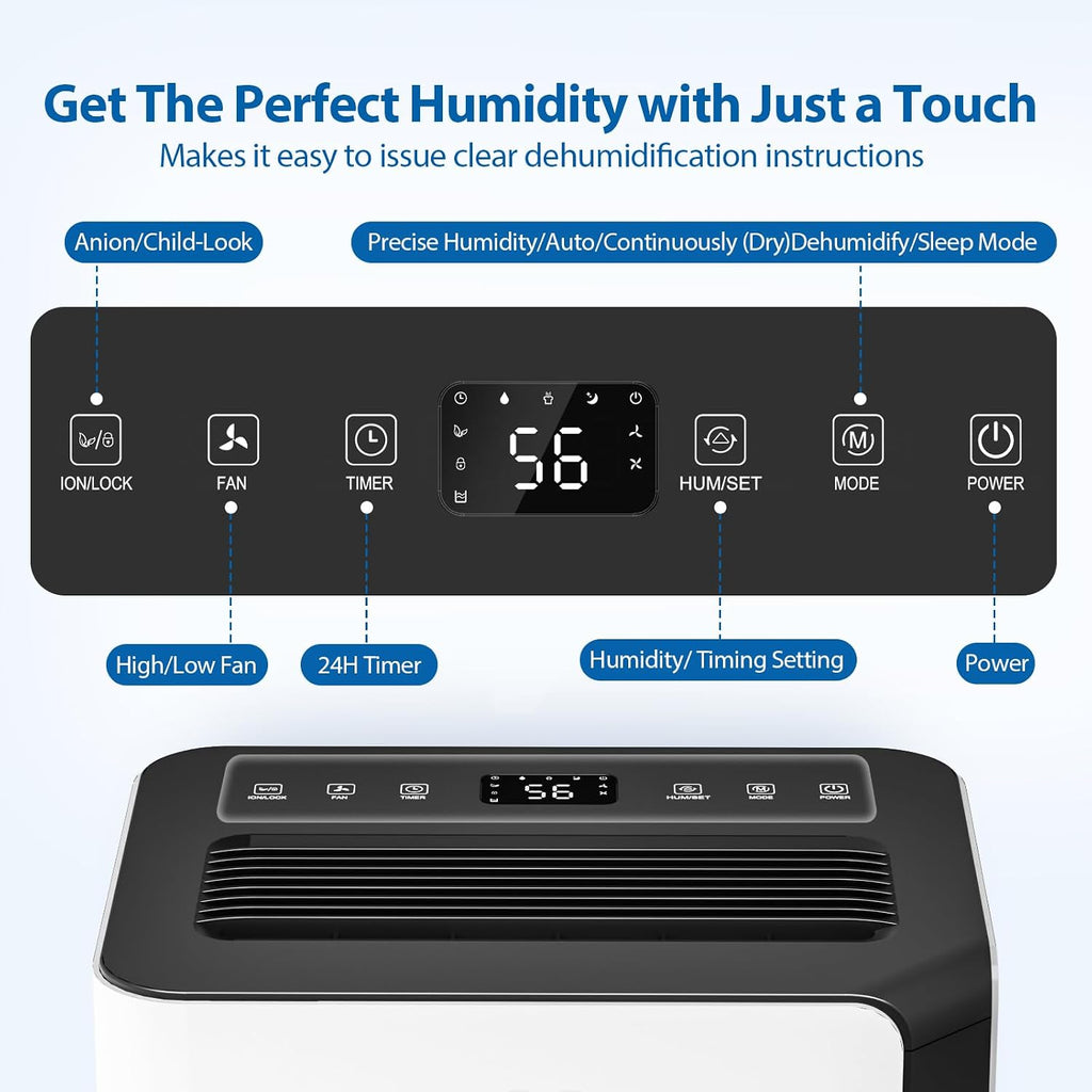 Freaire 54Pint Dehumidifier For 4500Sq.Ft, Compressor Dehumidifiers For Home, Front Humidity Value Display&Quiet Dehumidifier For Basement, Bedroom, Bathroom, With Drain Hose, 1.13 Gallon Water Tank