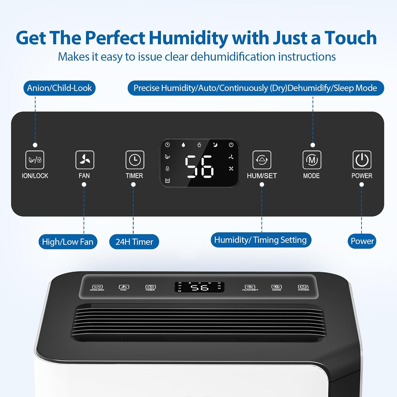 Freaire 54Pint Dehumidifier For 4500Sq.Ft, Compressor Dehumidifiers For Home, Front Humidity Value Display&Quiet Dehumidifier For Basement, Bedroom, Bathroom, With Drain Hose, 1.13 Gallon Water Tank