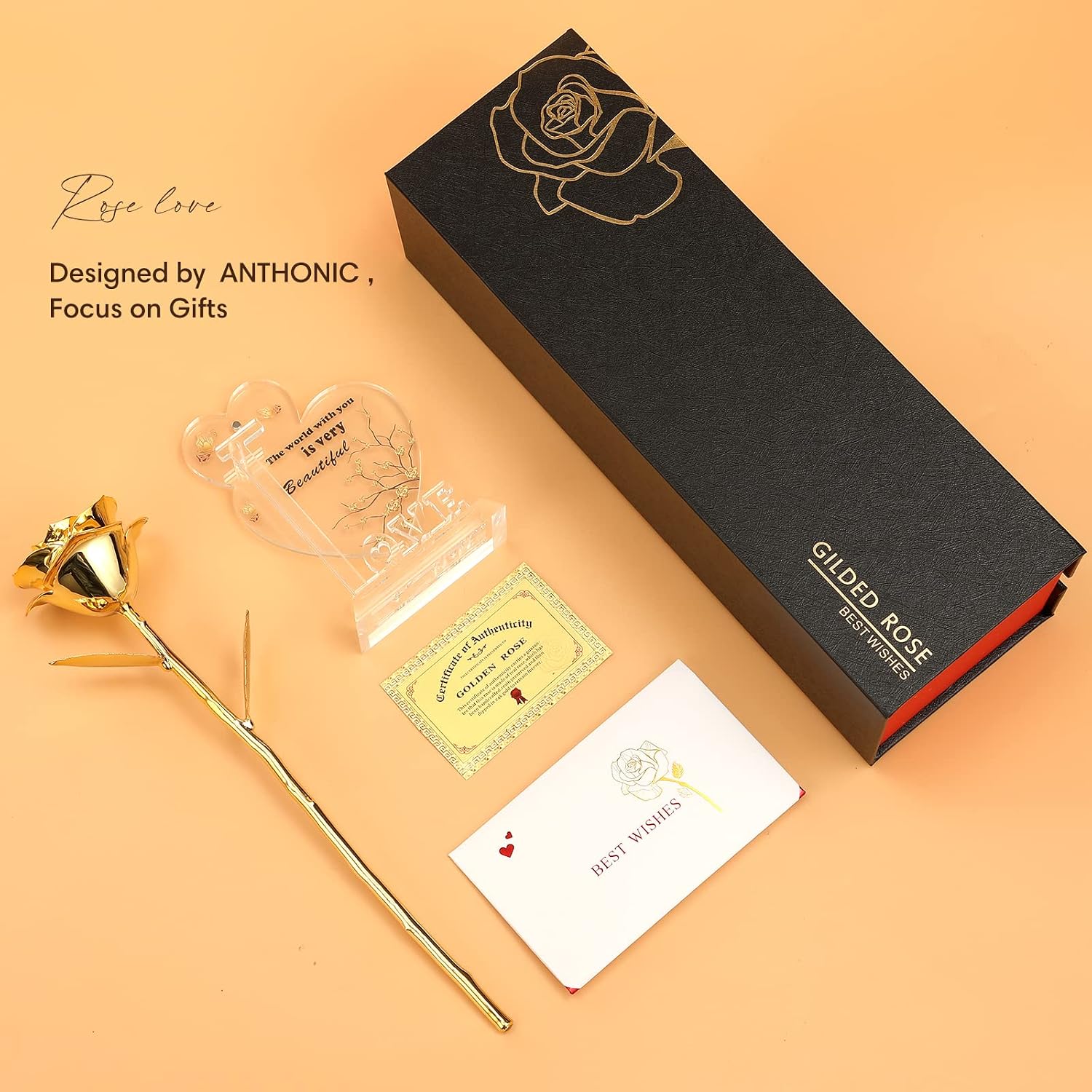 Anthonic Gold Dipped Rose Real 24K Gold Rose, Genuine One Of A Kind Rose Hand Dipped In 24K Golden Roses Romantic Gifts For Women In Her Birthday Anniversary Valentines Day Mothers Day