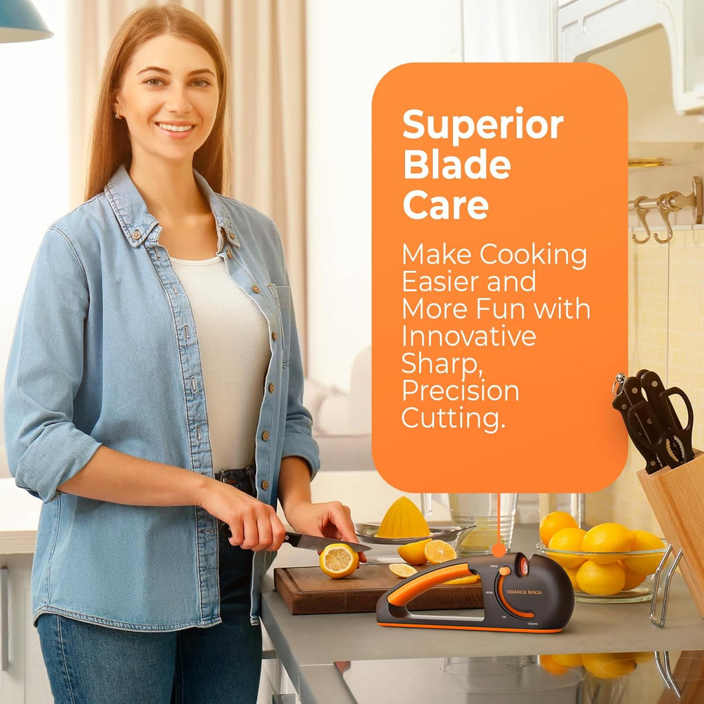 Orange Ninja 4-Stage Knife Sharpener & Serrated Knife Sharpener– Repairs, Sharpens & Polishes Blades With Ergonomic Non-Slip Grip