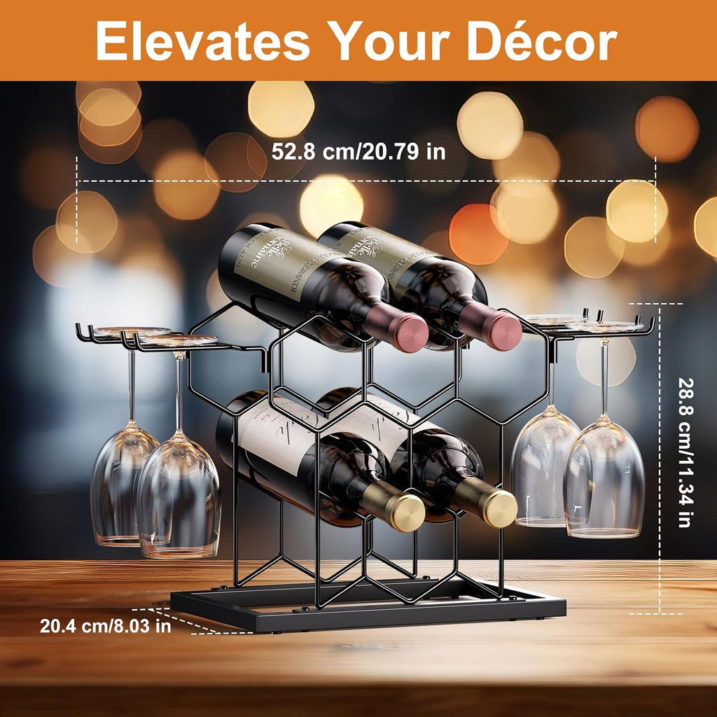B4Life Countertop Wine Rack, Wine Rack With Glass Holder 8 Bottles | Freestanding Small Liquor Holder Metal, Tabletop Bottle Storage Stand For For Home, Kitchen, Bar, Cellar