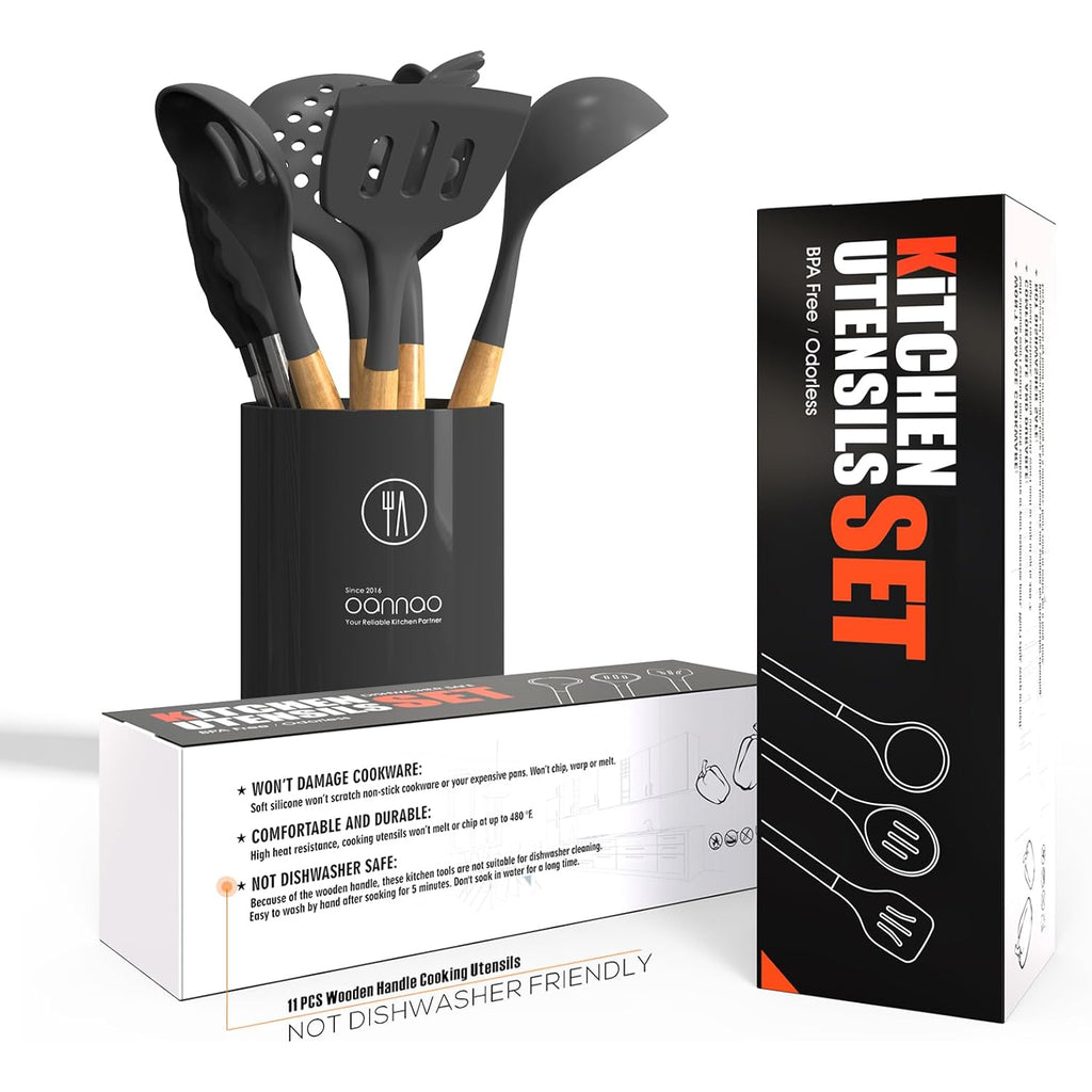 Oannao Silicone Cooking Utensils Kitchen Utensil Set - 446°F Heat Resistant Silicone Kitchen Utensils Set, Spatula,Turner Tongs, Spoon, Whisk,Kitchen Gadgets For Nonstick Cookware, Bpa Free (Gray)