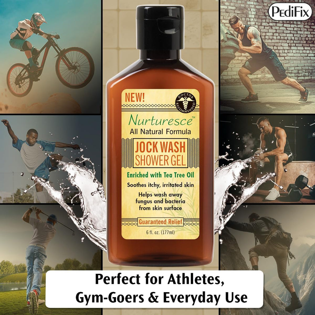 Pedifix Nurturesce Jock Wash Shower Gel, 6 Fluid Ounce - Tea Tree Oil Enriched, Anti-Fungal, Soothes Itchy Irritated Skin, Natural Body Wash (Packaging May Vary)