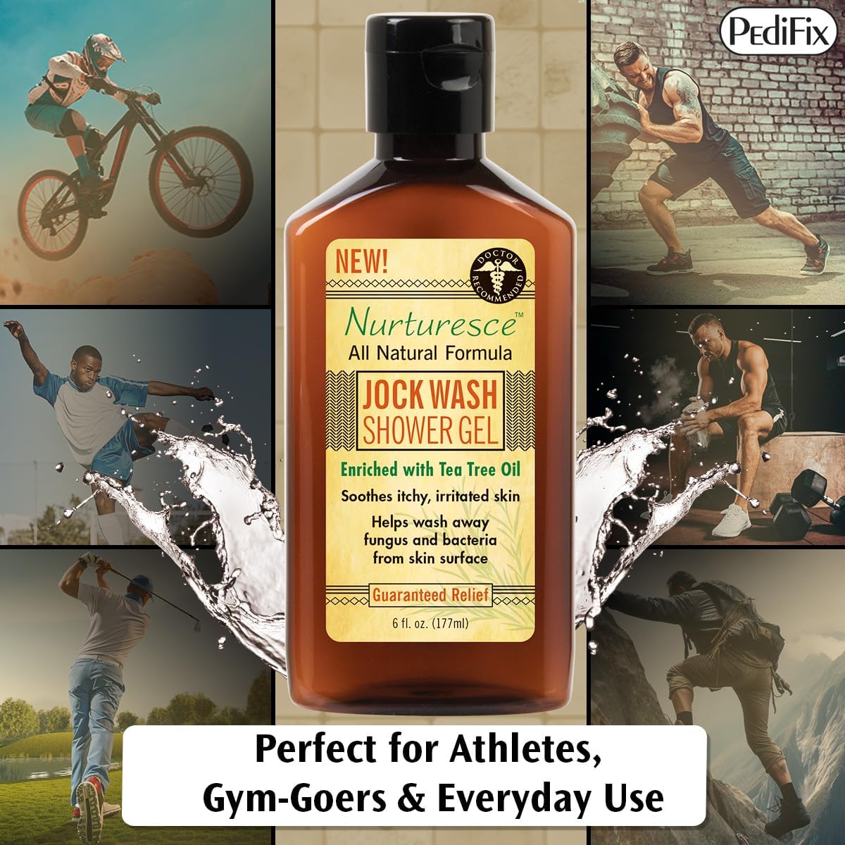 Pedifix Nurturesce Jock Wash Shower Gel, 6 Fluid Ounce - Tea Tree Oil Enriched, Anti-Fungal, Soothes Itchy Irritated Skin, Natural Body Wash (Packaging May Vary)