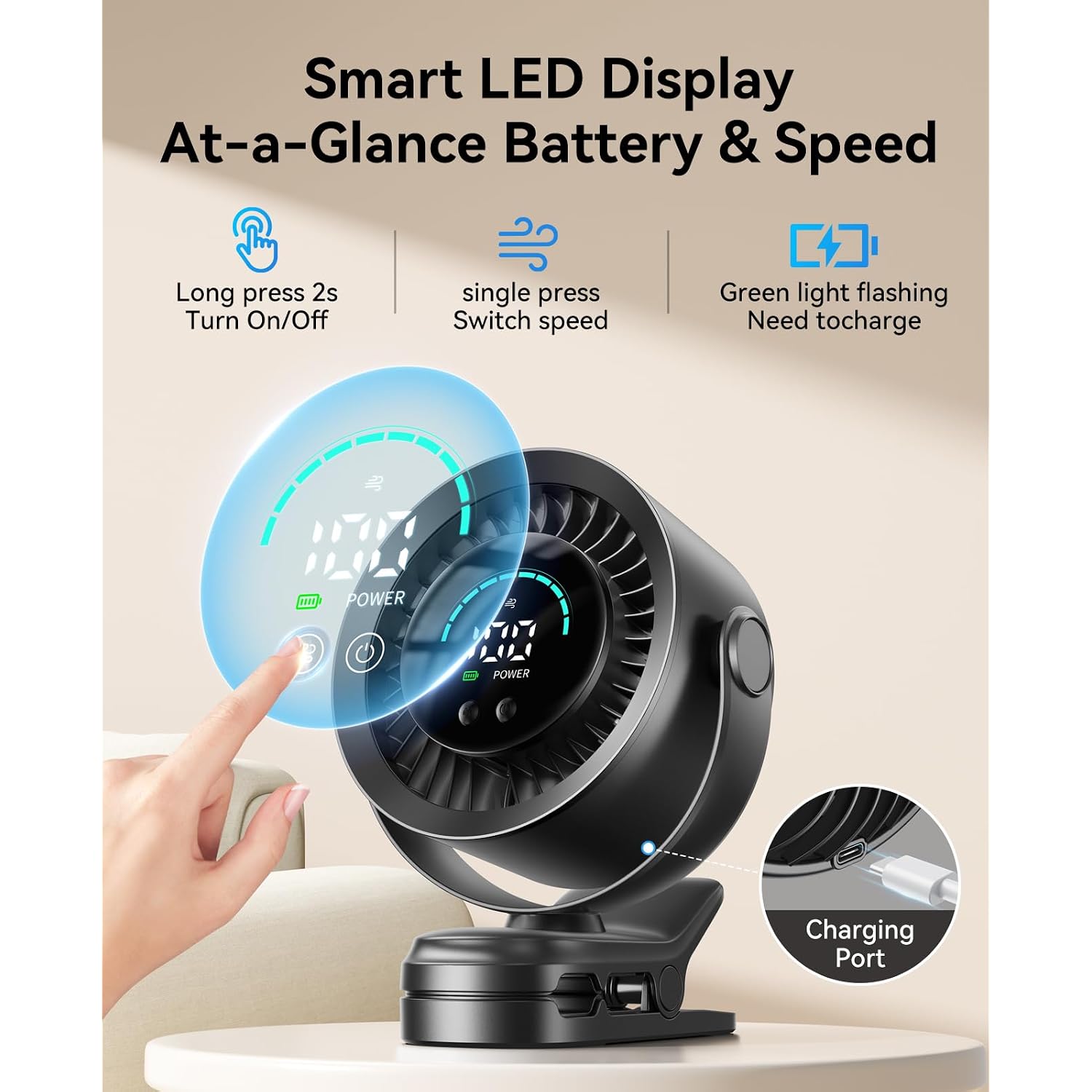 Portable Clip On Fan, 100-Speed Rechargeable Usb Fan With Led Display, 360° Rotation & Strong Airflow Desk Fan, Up To 17 Hours Small Battery Fan For Outdoor Travel Camping Treadmill Car (Black)