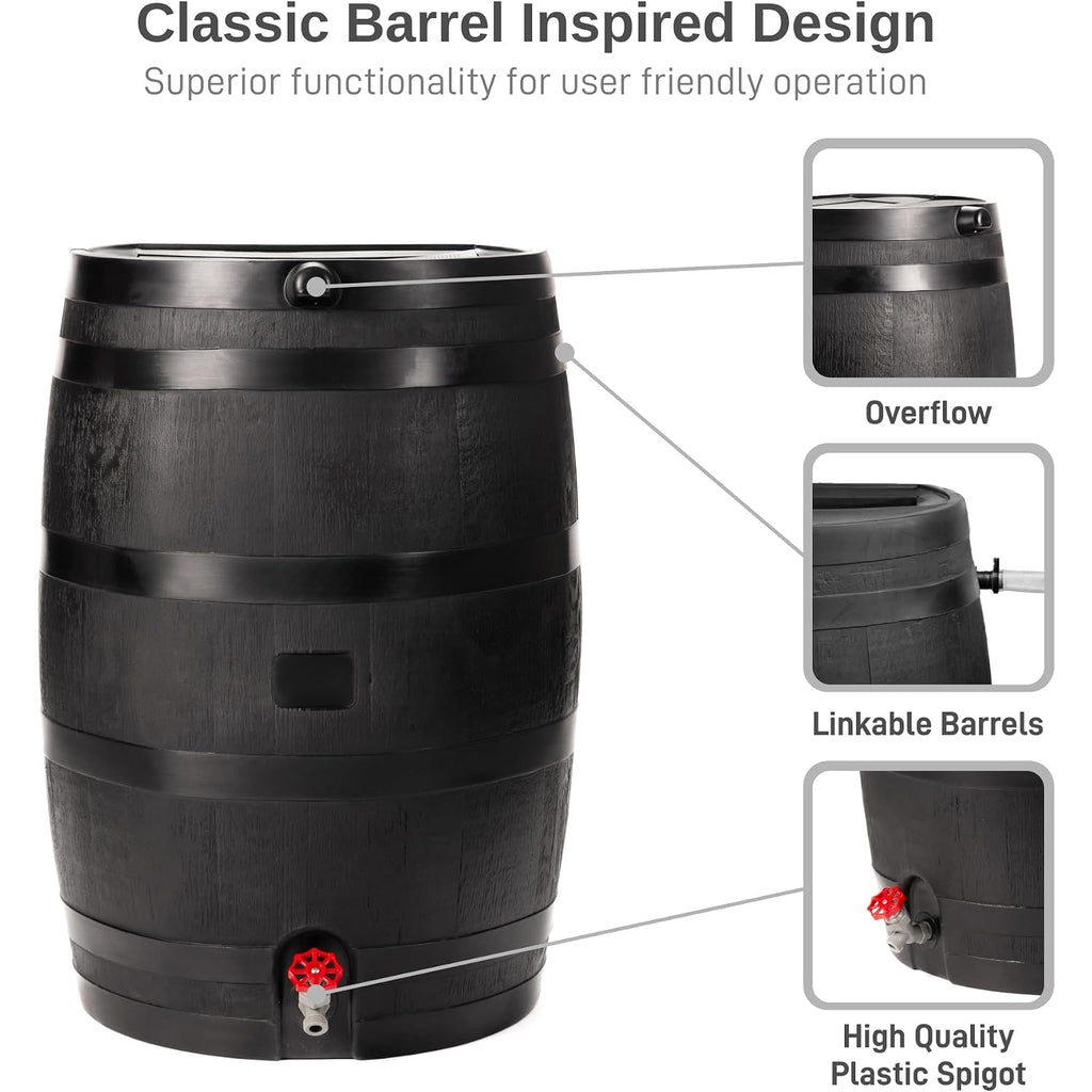 Rts Home Accents 50-Gallon Eco Rain Barrel Made With 100% Recycled Plastic, Flat Back Rain Water Collection Barrel, Black