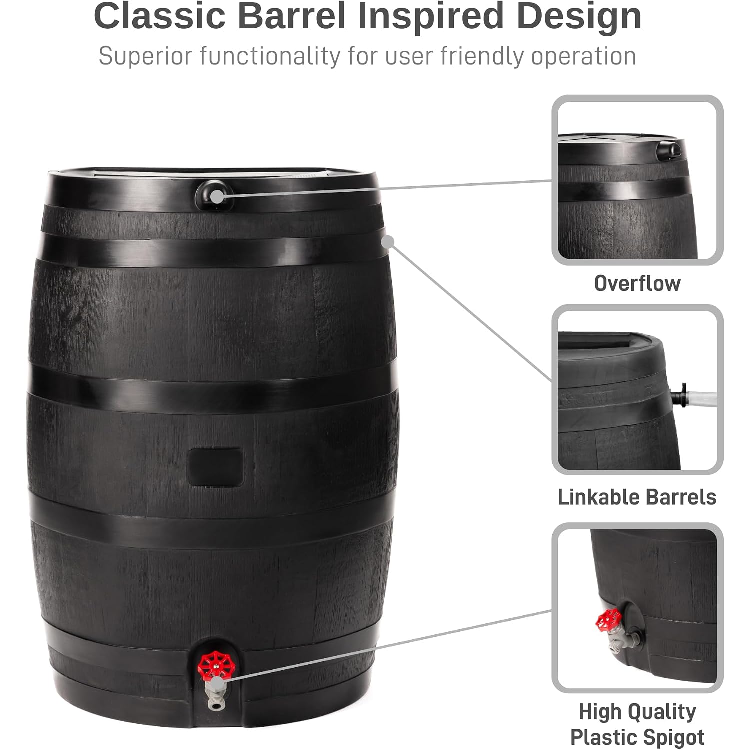 Rts Home Accents 50-Gallon Eco Rain Barrel Made With 100% Recycled Plastic, Flat Back Rain Water Collection Barrel, Black