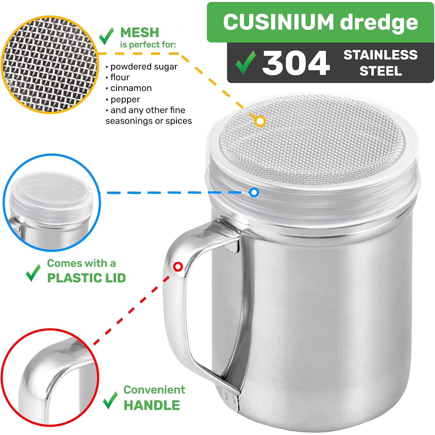 Powdered Sugar Shaker Duster - With Handle - Cinnamon Shaker For Coffee Bar - Fine Mesh Dredge - 6 Ounce, Pack Of 2 | Style: Fine