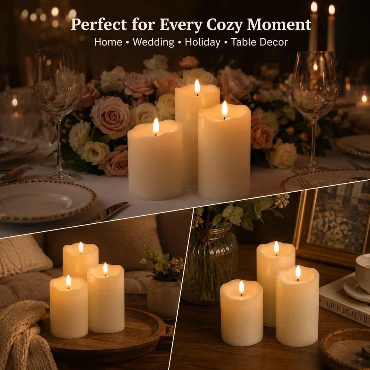 Angelloong Flickering Flameless Candles With Remote, Fake Candles Set Of 3 | Realistic Battery Operated Candles, Led Candle For Fall Room Home Wedding Decor Centerpieces Table Party Christmas Decoration