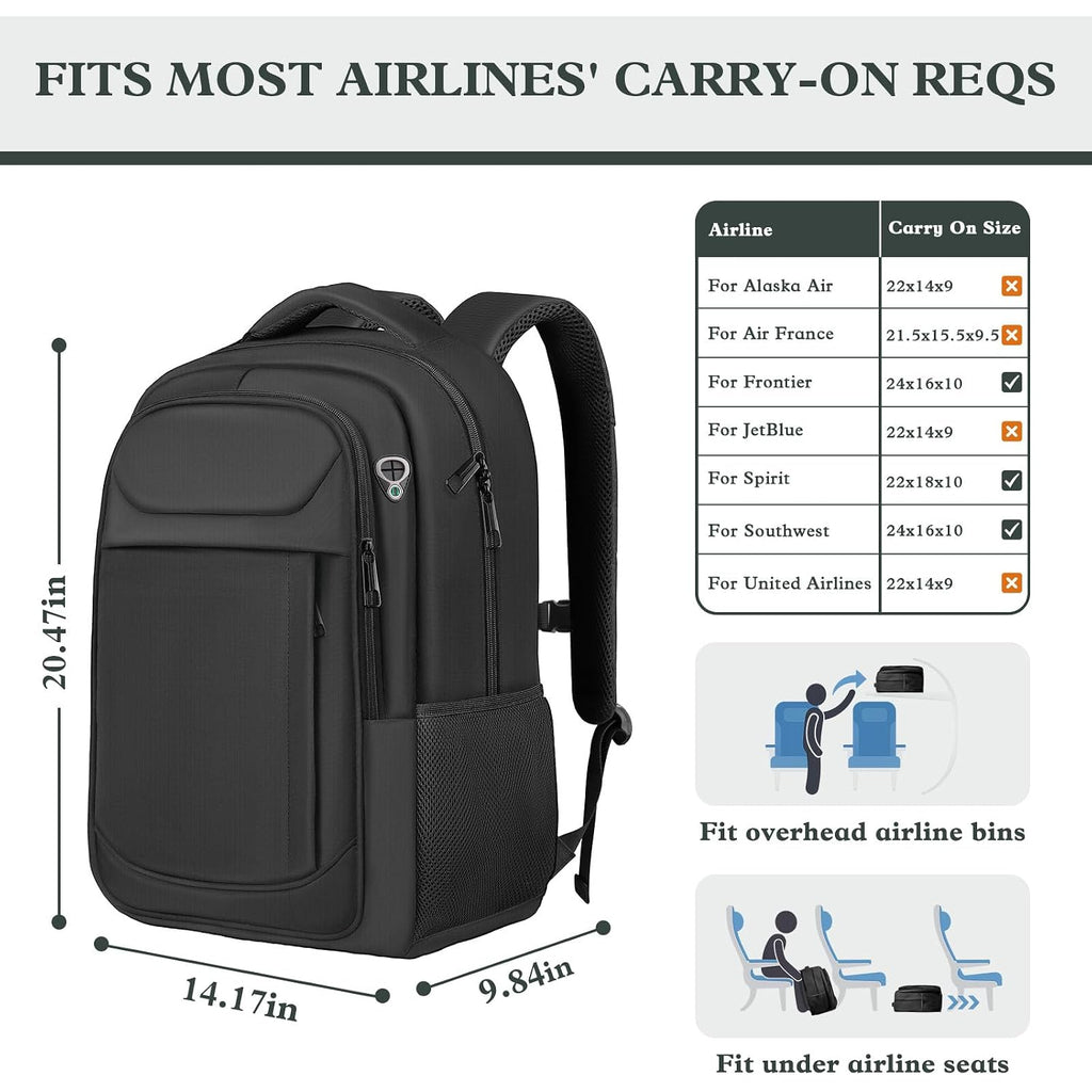 Travel Laptop Backpack, Airline Approved Computer Bag | Laptop Compartment, Adjustable Strap, Anti-Theft Pocket, Luggage Strap, Large Capacity For Work Travel College