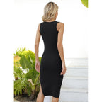 Valiamcep Women'S Summer Midi Bodycon Dresses Basic Square Neck Side Slit Ribbed Knit Fitted Casual Sleeveless Tank Dress