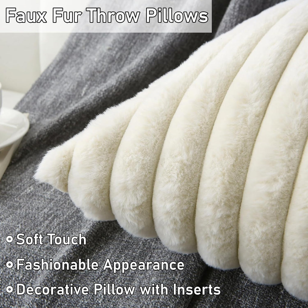 Decorative Throw Pillow With Inserts, Set Of 2 Soft Faux Fur Throw Pillows, Square Boho Striped Pillow For Couch, Bed, Sofa Decor(Beige, 16" X 16")