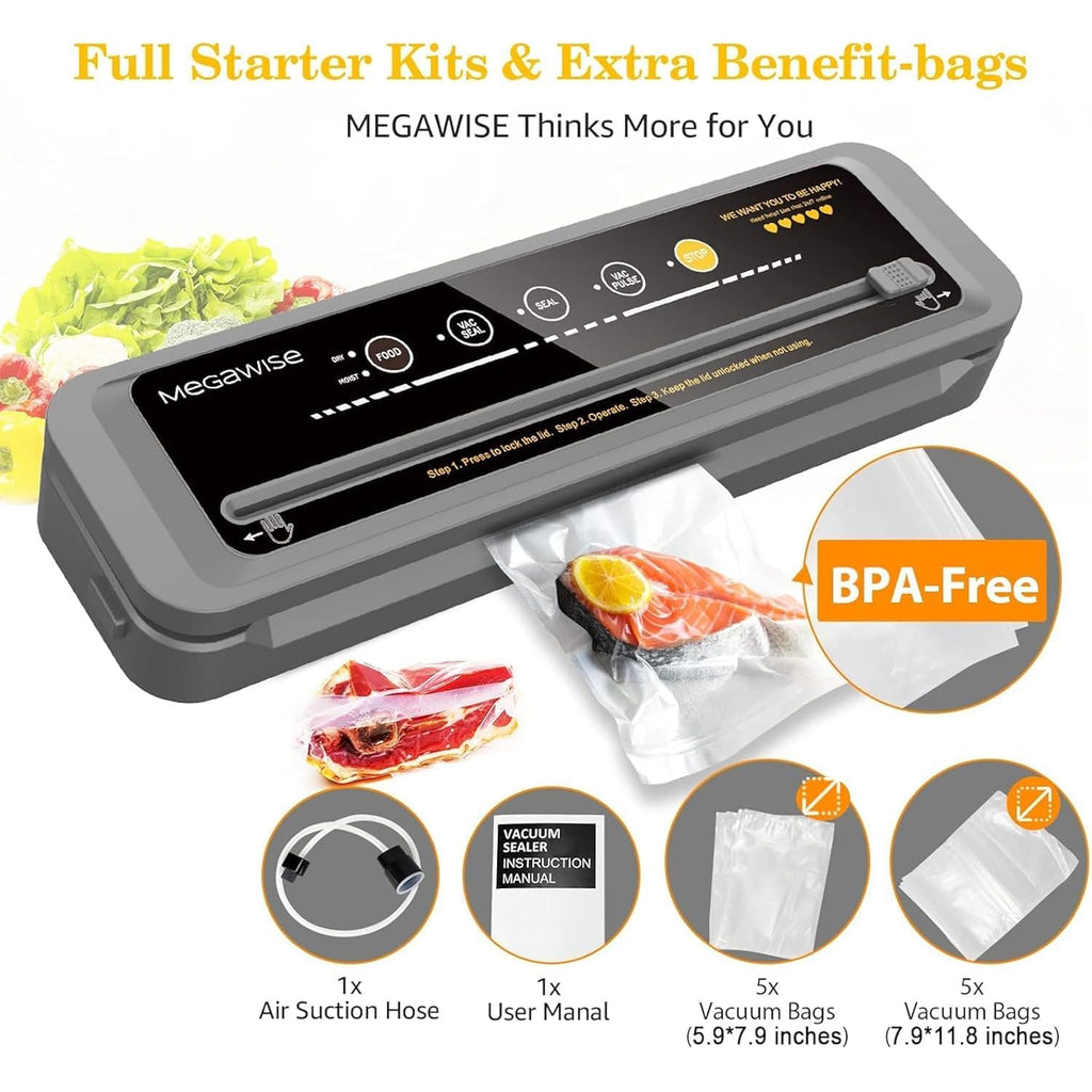 MegaWise Vacuum Sealer Machine | 80kPa Suction Power| Bags and Cutter Included | Compact One-Touch Automatic Food Sealer with External Vacuum System | Dry Moist Fresh Modes for All Saving needs